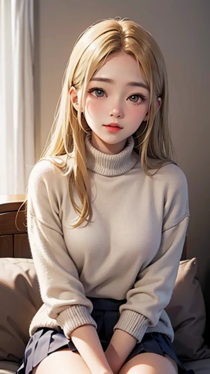 Blushing lightly and smiling, (Top quality masterpiece:1.2) Delicate illustrations, Very detailed, /Beautiful Japanese Woman、1 person,Very cute and slim、Excellent style 、((8K images、super high quality))、Very delicate face, Beautiful forehead、Red lipstick,(((((Long Hair、Gradient Hair、Blonde))))),Very cute Japanese cut face、Eyes and nose are clearly visible、Kind eyes,(Tight high neck sweater、Tight Skirt)、City of night、Cold winter