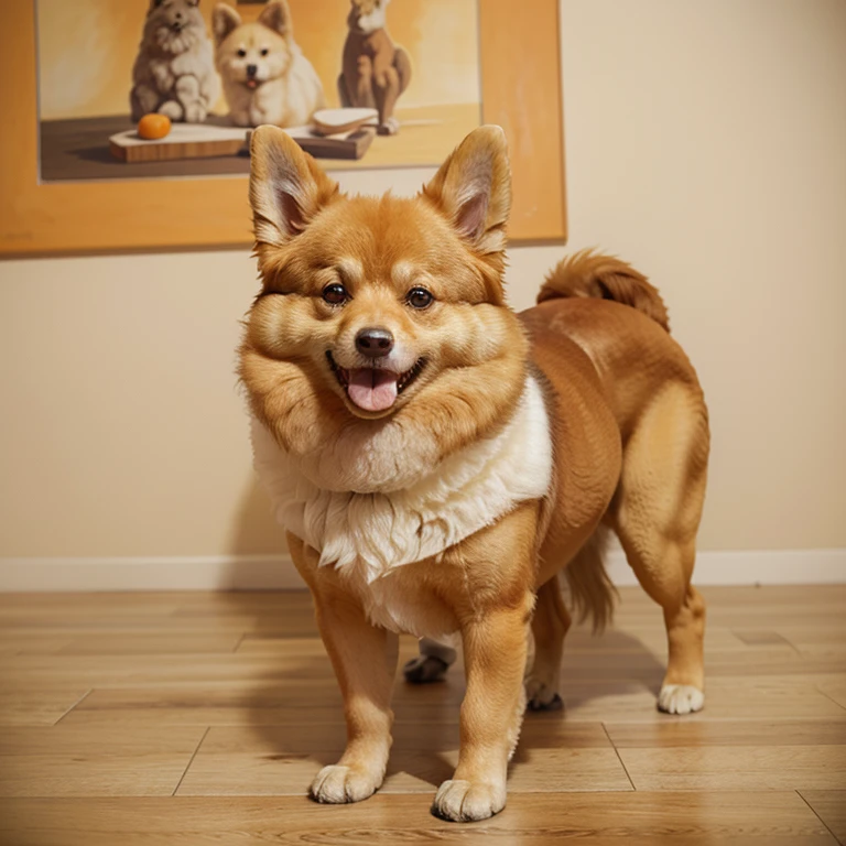 Araffe dog standing on the floor with his head held high, and pastel by Maksimilijan Vanka, flickr, sosaku made, Pomeranian, fluffy, Pomeranian mix, fluffy orange belly, small dog, cuddly dog”, happy wise man. He has a bouncy belly, fluffy!!! , smiling cheerfully at the camera,
