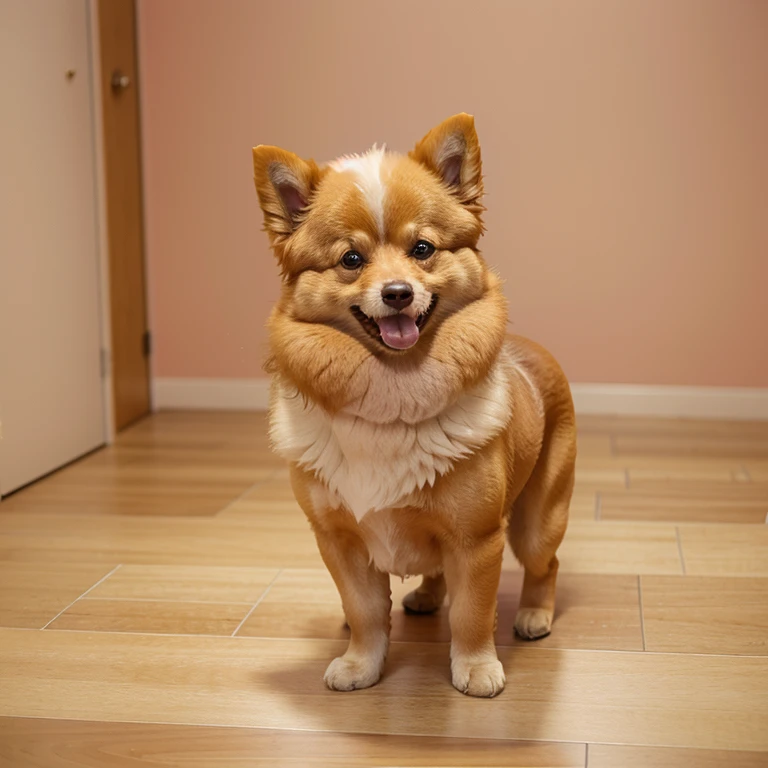 Araffe dog standing on the floor with his head held high, and pastel by Maksimilijan Vanka, flickr, sosaku made, Pomeranian, fluffy, Pomeranian mix, fluffy orange belly, small dog, cuddly dog”, happy wise man. He has a bouncy belly, fluffy!!! , smiling cheerfully at the camera,
