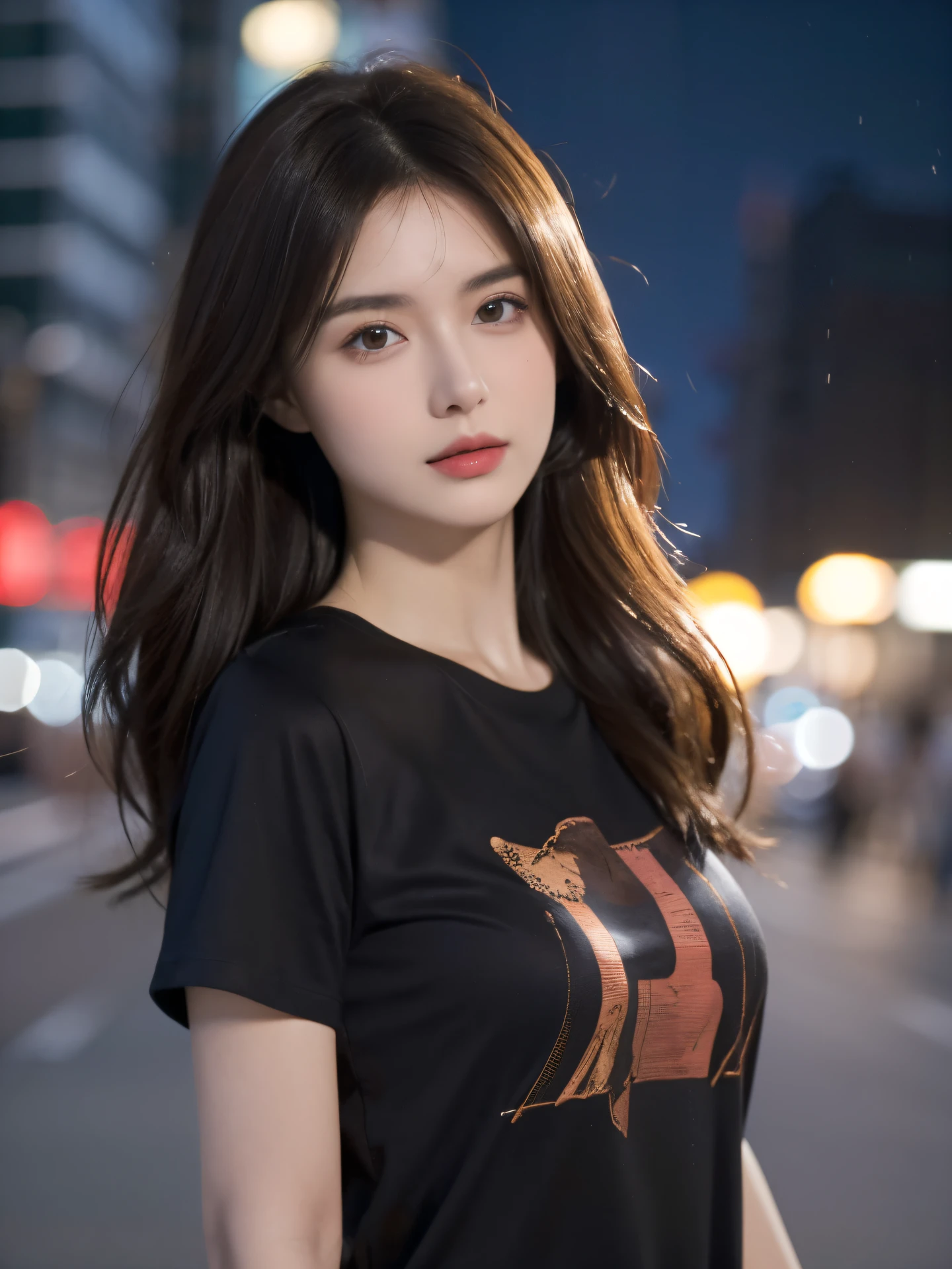 (best quality, high resolution, masterpiece :1.3), A beautiful woman, Slender and slender figure, Dark brown hair, t-shirt, (City streets at night), Highly detailed face and skin textures, Delicate eyes, Double eyelids