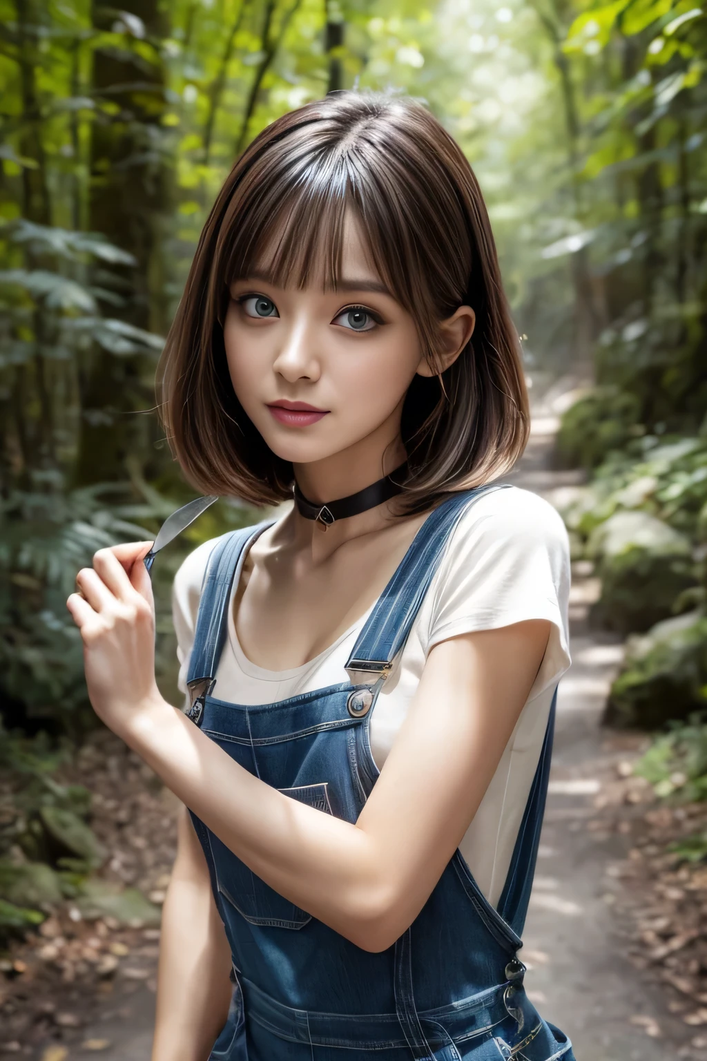 Very beautiful woman, Highly detailed eyes, Highly detailed face, Highly detailed lips, Super detailed everything, Attractive woman, Black Choker, blue eyes, Very long eyelashes, bangs, highest quality, masterpiece, ((Slim face)), Japanese actress, ((High nose)), Happy atmosphere, , ((Dense forest)), mini skirt, ((Overalls)),Herb clusters、No sleeve、explore、Hiking boots、whole body、knife