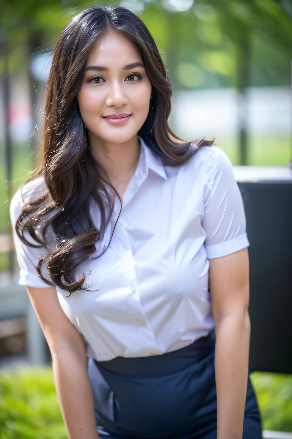 A beautiful Indonesian woman with natural beauty and big breasts is standing in a classroom. She has a wet body, as if she has been soaked in water. The scene is vibrant with vivid colors and bokeh effects. The woman has long dark hair and radiant skin. Her beautiful detailed eyes and lips enhance her overall attractiveness. She is wearing a student uniform, suggesting that she is a student. The lighting emphasizes her features and creates a captivating atmosphere. The artist focuses on capturing the woman's sensuality and the unique charm of the classroom environment. The artwork aims to depict the beauty of the Indonesian woman while exploring the aesthetics of wetness and moisture. Pubic hairs are depicted as part of the woman's natural beauty, adding to the overall realism and attention to detail. The artwork strives for the best quality, with high resolution (4k, 8k) and ultra-detailed rendering. It captures the woman's beauty in a realistic and photorealistic way. The color palette and lighting enhance the overall visual impact, creating a mesmerizing and engaging artwork.
