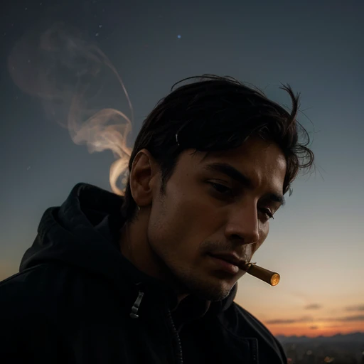 Chico observando el universo mientras fuma un