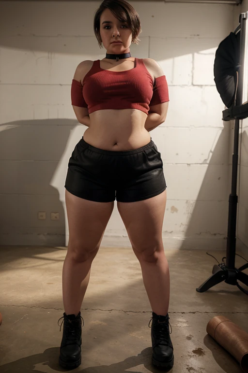 full body shot, overweight chubby girl, 30 year old, fat waist, fat thighs, fat arms, short legs, short shoulder haircut, black boots, chubby finger, wearing red choker collar, wearing crop top, (crop top:1.5), wearing panties, standing, looking at the viewer, dirty warehouse background