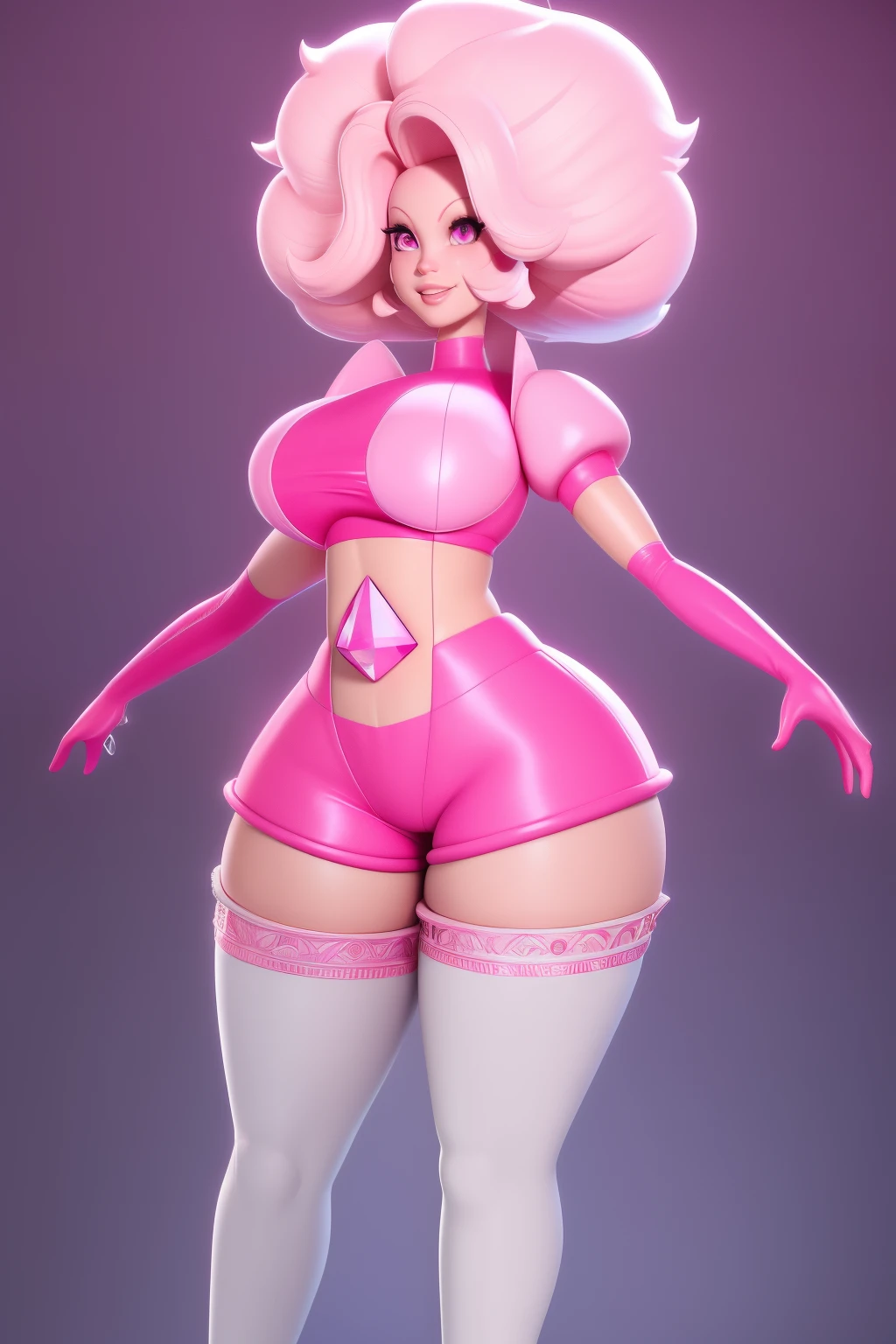 pnkdamond, pink hair, pink eyes,  big hair,  stomach gem,  pink skin,  toned, 
puffy short sleeves, elbow gloves ,  white thighhighs,   puffy dress, 
standing, upper body, 
 outerspace,  
(insanely detailed, beautiful detailed face,beautiful detailed eyes, masterpiece, best quality) cinematic lighting,  smile, 
 