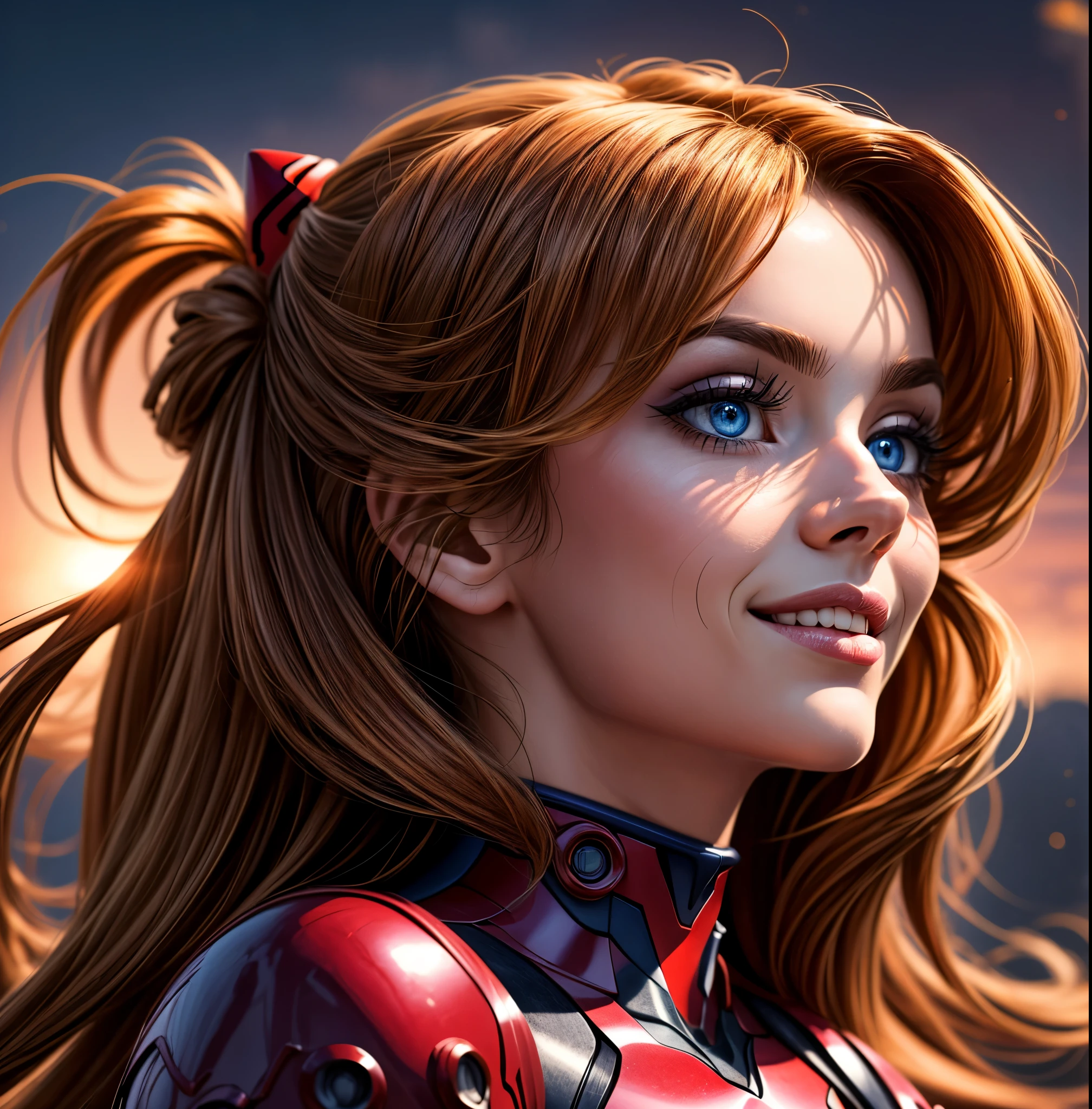 ((Asuka Langley Sohryu)), ((extremely detailed 8k illustration)), high resolution, (extremely detailed and hermoso background), pintura ultra detallada, professional illustration, Ultra-precise representation, Ultra-detailed rendering, (hermoso and aesthetic:1.2), hdr, (profundidad de campo:1.4), vistoso, vivid, hermoso detailed glow light particles, intrincado:1.4, buenas manos, manos perfectas, (mujer), Detalles de la cara:1.2, cara bonita, (Blue eyes), Hermoso rostro, ojos bonitos, ojos brillantes, labios delgados, pale and sharp eyebrows, long eyelashes, Long lower lashes, double eyelids,  ((Asuka de Evangelion)), ((traje completo enchufable 02 de latex rojo con fuerte brillo metalico y superficie lisa)), highly detailed hermoso face and eyes, ((sonrisa, mirando lascivamente)), mirar al espectador, evento, (exquisite lighting and shadow), dynamic angle, DSLR, Sharp focus: 1.0, Maximum clarity and sharpness