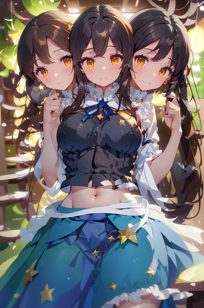 (masterpiece, best quality), best quality, (ultra-detailed), (3heads:1.5), 1girl, (star sapphire:1.3), masterpiece, best quality, ultra quality, ultra resolution, ultra detail, white top, crop top, ((stomach)), midriff, ((groin)), open midriff, white and blue skirt, miniskirt, normal ears, shackles, dark brown hair, very long hair, wavy hair, sidelocks, yellow eyes, detailed eyes, parted lips, fairy wings, sweat, cute, open belly, toned belly, hand on own chest, eyelashes, (24 year old woman:1.3), (masterpiece:1.5), (best quality:1.5), (beautiful detailed), extremely detailed CG, extremely delicate and beautiful, depth of field, (finely detailed face), (perfect details:1.2), (mature female:1.3), wide pelvis, slender, large veiny breast, 16k resolution, highres, high quality, high definition, extremely detailed, masterpiece, dark brown hair, long hair, alluring presence, braid, short skirt, miniskirt, close up, big , young, blue ribbon attached to the hair, butterfly-shaped wings, open belly, midriff, nsfw, bare stomach,