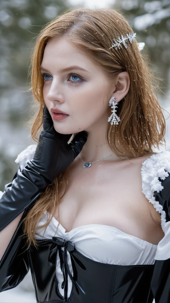 1 miniature Beautiful beautiful woman - Yuan Sayuki, ((top quality, 8K, Masterpiece:1.retty woman, 1 woman, huge breasts:1.3, a slim body:1.1, lush GINGER short hair, (shower, wet body, wet clothes:1.1), very detailed face, detailed lips, detailed eyes, double eyelids, Detailed blue eyes, чрезвычайно Detailed Outstanding Blue Eyes, short GINGER wet hair, GINGER wet hair, Detailed Outstanding Blue Eyes, innocent look at the viewer, very wet wavy white hair, Detailed Outstanding Blue Eyes, huge cross earrings, Outdoors, badges behind, gothic maid uniform, sexy maid dress, bare chest, huge chest tattoo, detailed huge catholic cross earrings, chest tattoo, Outside, wear a silver cross (Detailed cross shape), reality mode, wet breasts, black necklace, human crowd behind, black latex gloves, hair of white snowy colour, night time, red neon lights, demonic nun, nimbus (golden lighting ring above her head), angel, snowy weather, sexy pose, white lingerie, black maid dress, detailed flower wreath made of different colours, open chest