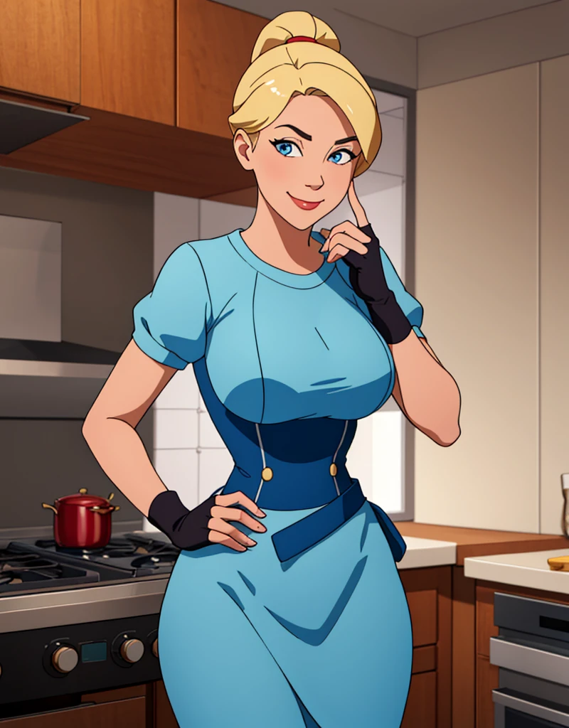 (masterpiece, best quality:1.2), cowboy shot, solo, 1girl, piper, smile, looking at viewer, (hand on own cheek:1.2), blonde hair, ponytail, blue dress, puffy short sleeves, fingerless gloves, kitchen, big breasts, ultra-thin-waist, ultra-wide-hips.