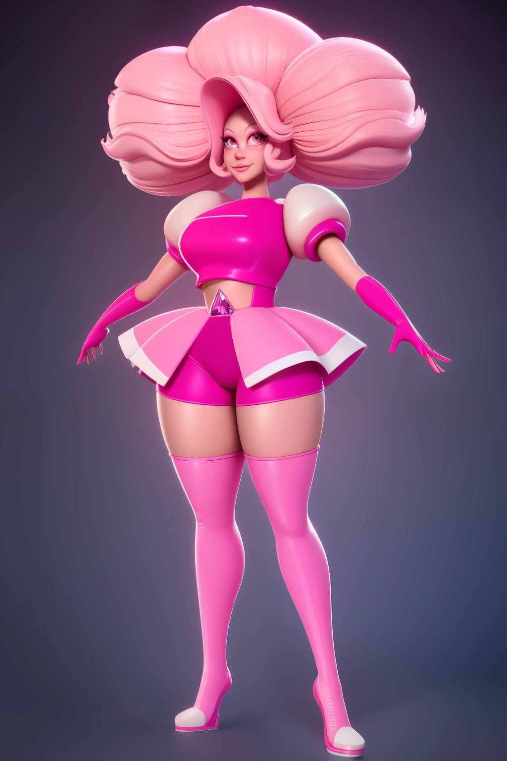 pnkdamond, pink hair, pink eyes, big hair, stomach gem, pink skin, toned,
puffy short sleeves, elbow gloves , white thighhighs, puffy dress,
standing, upper body,
outerspace,
(insanely detailed, beautiful detailed face,beautiful detailed eyes, masterpiece, best quality) cinematic lighting, smile,