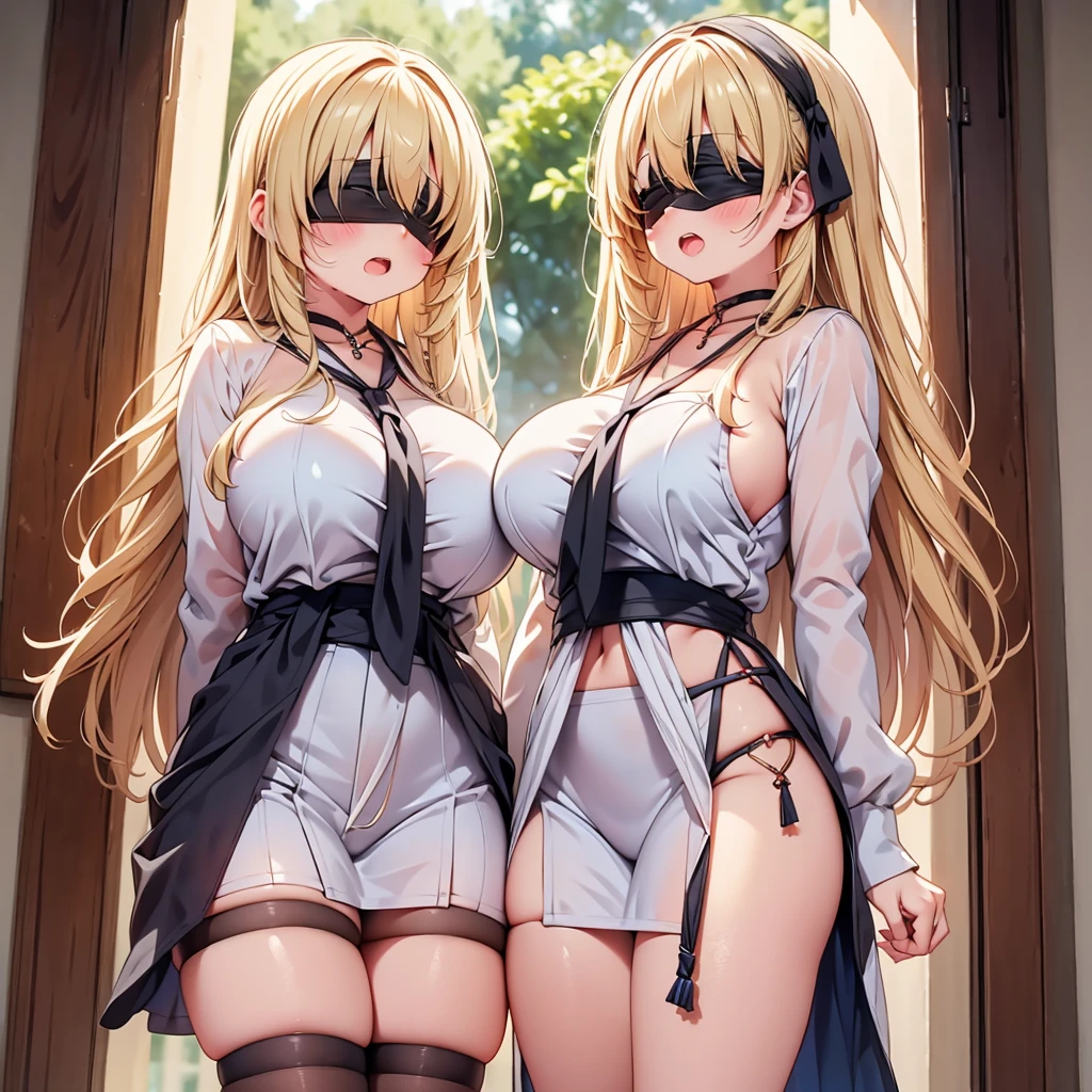 highest quality,wonderful,finely,extremely detailed CG Unity 8K wallpaper, (Stand in line:1.2), (3 girls, blonde, clothed), (huge breasts:1.2), (Underboob),(open mouth:1.1), (long tongue:1.1), (mouth drool:1.1), (black stockings:1.1),(Thighs:1.2),(Waistline:1.2),(black blindfold, blindfold:1.5)