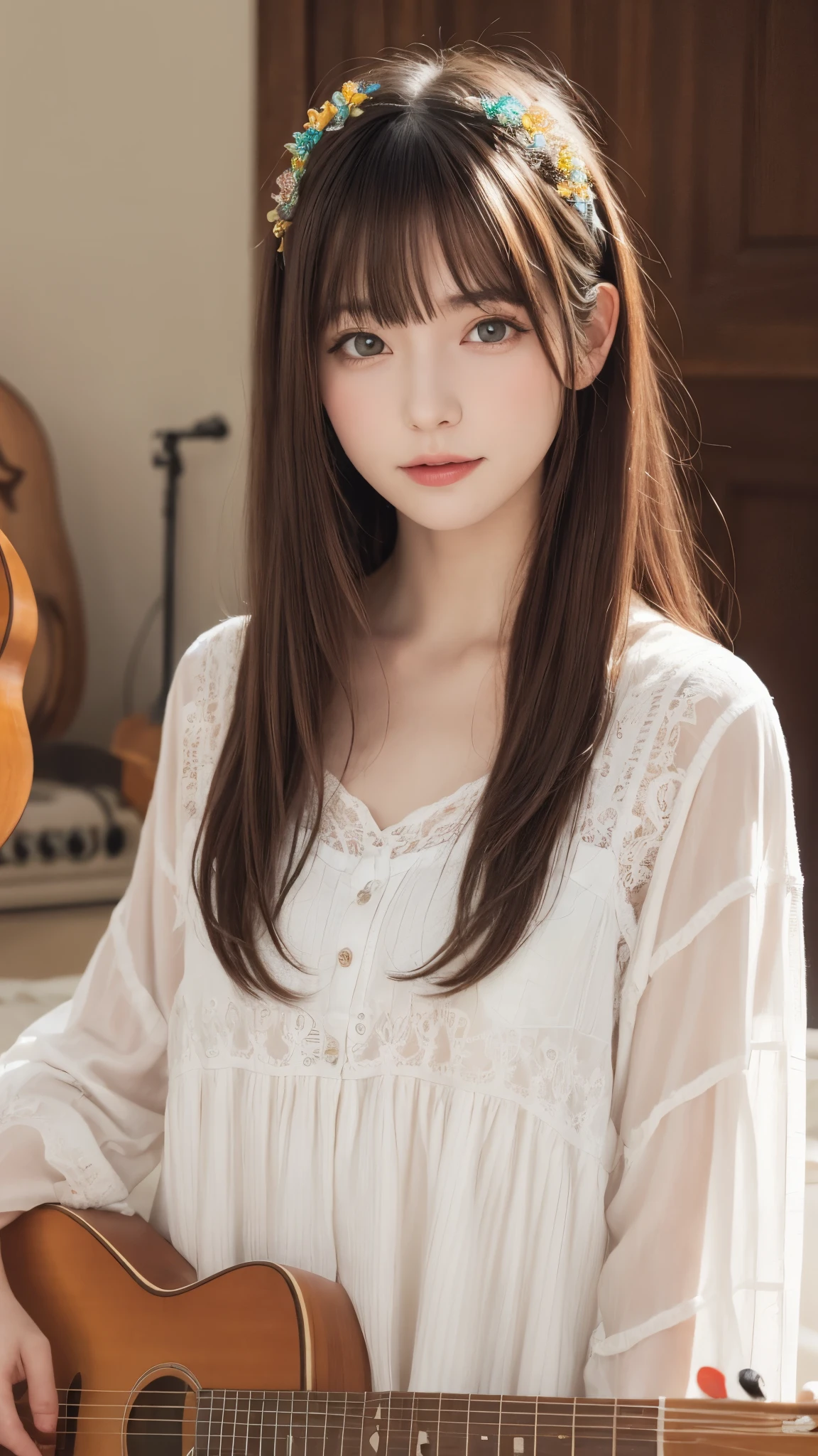 Girl in a dream.I have long colorful hair.Wearing white clothes.It's a rock band.I'm singing a song.Notes flying around.It is an illustration of the highest quality.It is a beautiful illustration.Very colorful.big eyes
