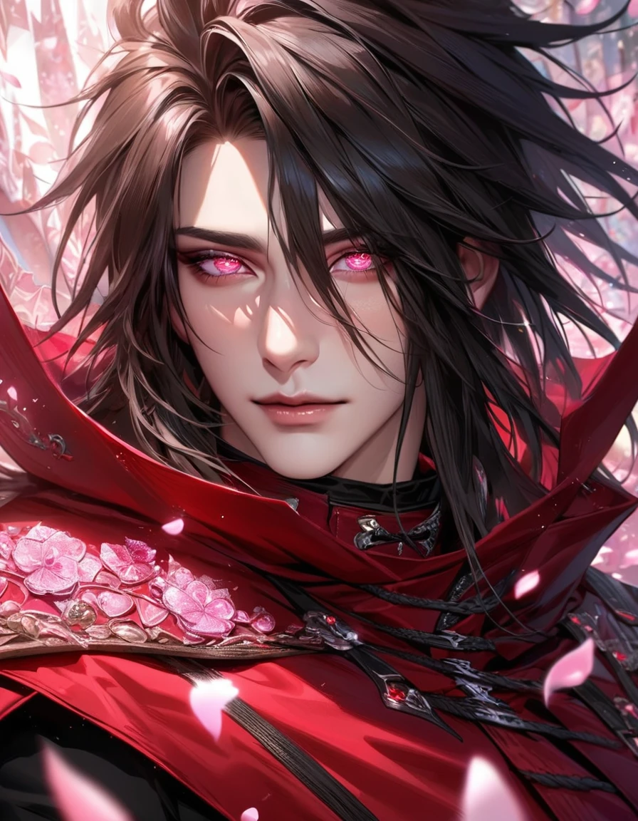 Ultra detailed, HDR, Highres, absurdres, master piece, Vincent Valentine, expressive red eyes, black hair, Final Fantasy Dirge Of Cerberus, red cape with patterns, black tight shirt, pink glittering butterflies, pink ice, petals, pink ice glass flowers, sexy man, solo, extremely detailed face and eyes, extremely handsome, glittering, glittering eyes, realistic face,