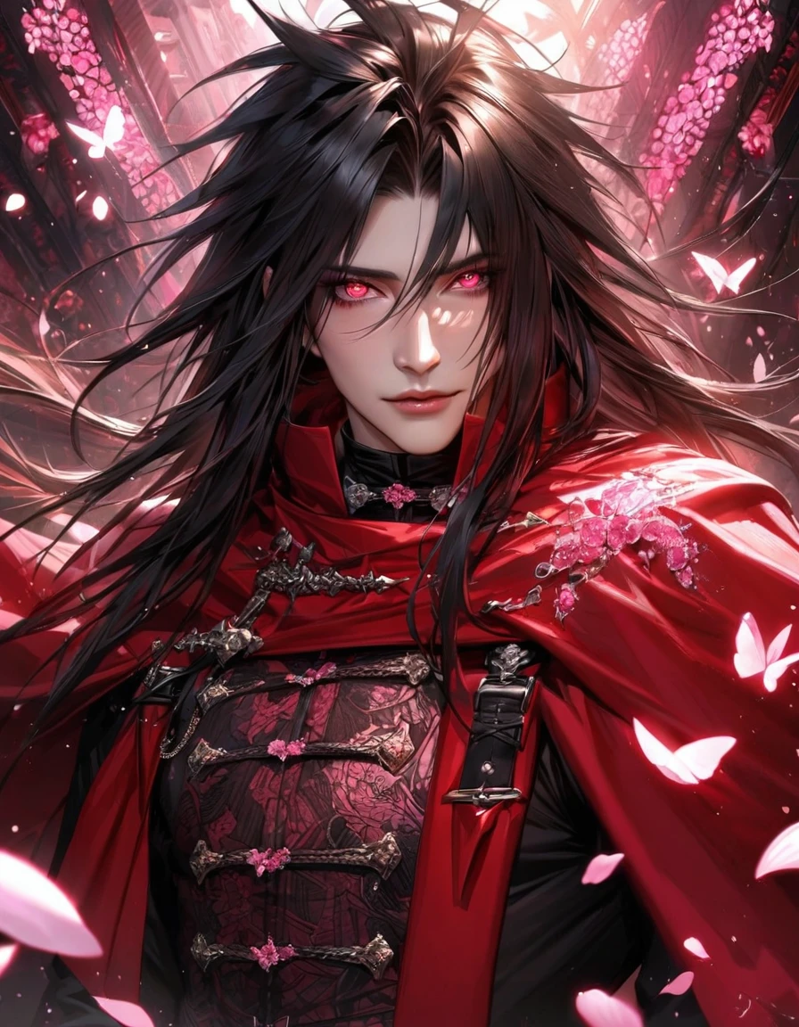 Ultra detailed, HDR, Highres, absurdres, master piece, Vincent Valentine, expressive red eyes, black hair, Final Fantasy Dirge Of Cerberus, red cape with patterns, black tight shirt, pink glittering butterflies, pink ice, petals, pink ice glass flowers, sexy man, solo, extremely detailed face and eyes, extremely handsome, glittering, glittering eyes, realistic face,