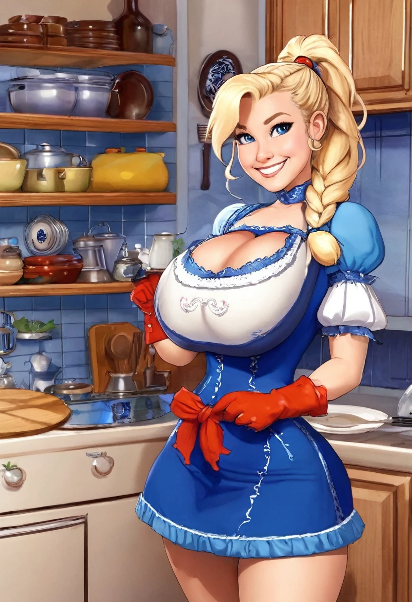 (masterpiece, best quality:1.2), cowboy shot, solo, 1girl, piper, smile, looking at viewer, (hand on own cheek:1.2), blonde hair, ponytail, blue dress, puffy short sleeves, fingerless gloves, kitchen, big breasts, ultra-thin-waist, ultra-wide-hips.