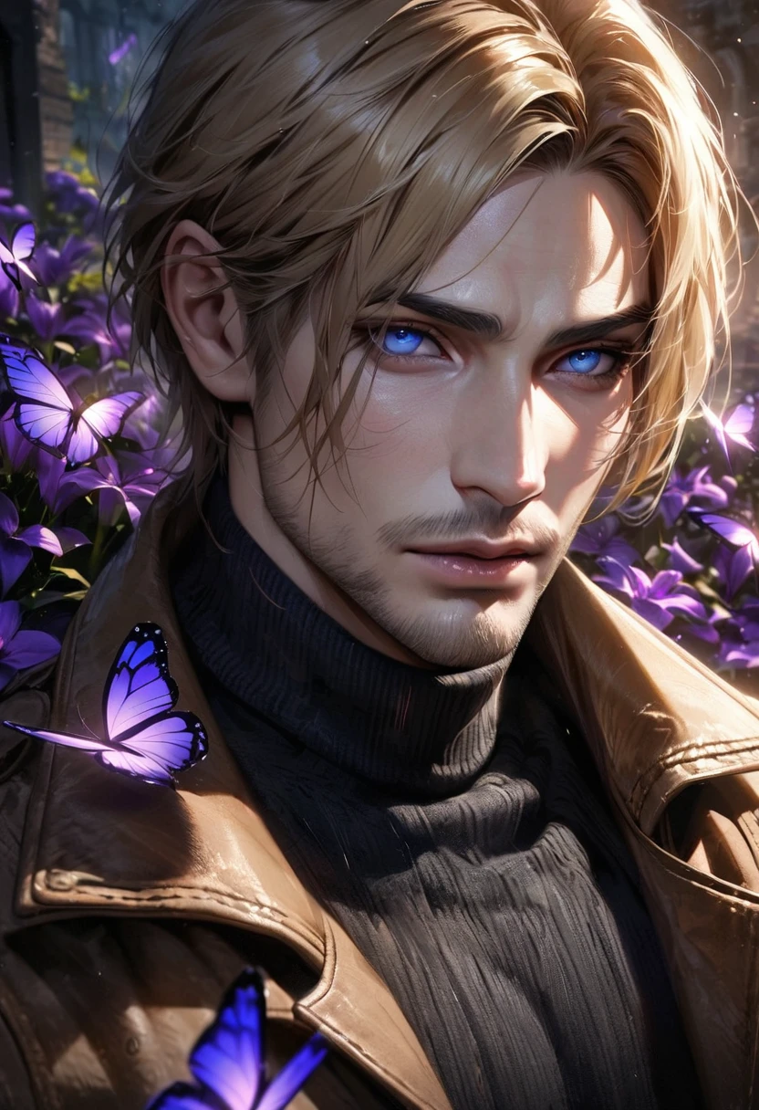 absurdres, highres, ultra detailed, HDR, master piece, best quality, extremely detailed face and eyes, perfect face, realistic face, Leon S Kennedy, blond-brown short hair, expressive blue eyes, Resident Evil 6, solo, sexy man, handsome, brown coat, black turtleneck shirt, purple shining butterflies, purple lilies, purple petals, garden
