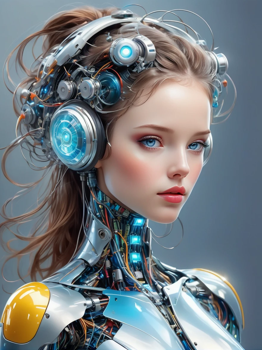 a image of a woman wearing colorful robot tech, in the style of free-flowing surrealism, shiny, glossy, precise and lifelike, hard surface modeling, precisionist lines, light silver and azure, engineering, construction and design, whole body, from head to foot, Metallic high heels, Laser light stockings, Pop art, Realism, Tonalism, Verism, film grain, sparkle, Wide-Angle, cowboy shot, UHD, masterpiece, ccurate, anatomically correct, textured skin, award winning, best quality, 8k