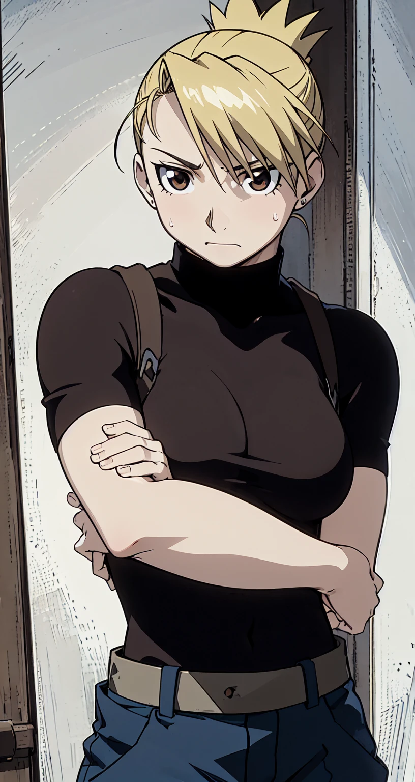 masterpiece, best quality, highres, 1girl, hmriza, ponytail, brown eyes,Big , black shirt, tight shirt, holster, short sleeves, belt, covered navel, blue pants,Inside the room、Upper body close-up、Muscular body、blush、Sweat、Composition from the front、anime、Hide your arms behind your back、(((Torn clothes、No bra、Embarrassed face)))