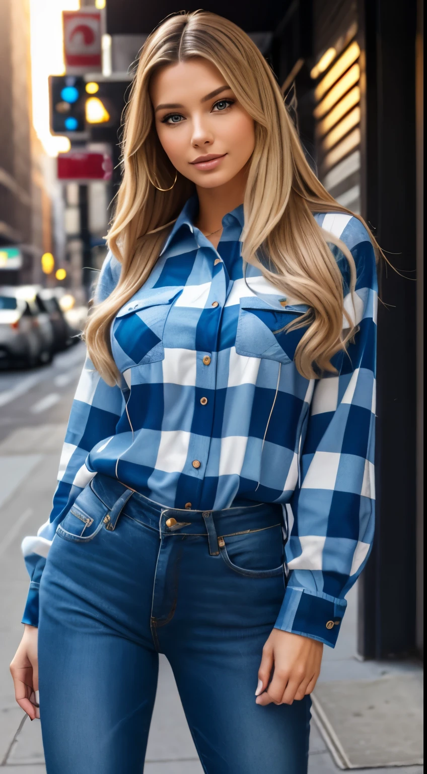 Foto hiperrealista en primer plano de Emily Sears , masterpiece, best quality, (photorealistic:1.4), full body, (blue plaid flannel blouse:1.2), (blue jeans:1.1), heels, New York streets, cinematic light, beautiful woman, skinny, large breasts, blond straight hair, detailed face, smile