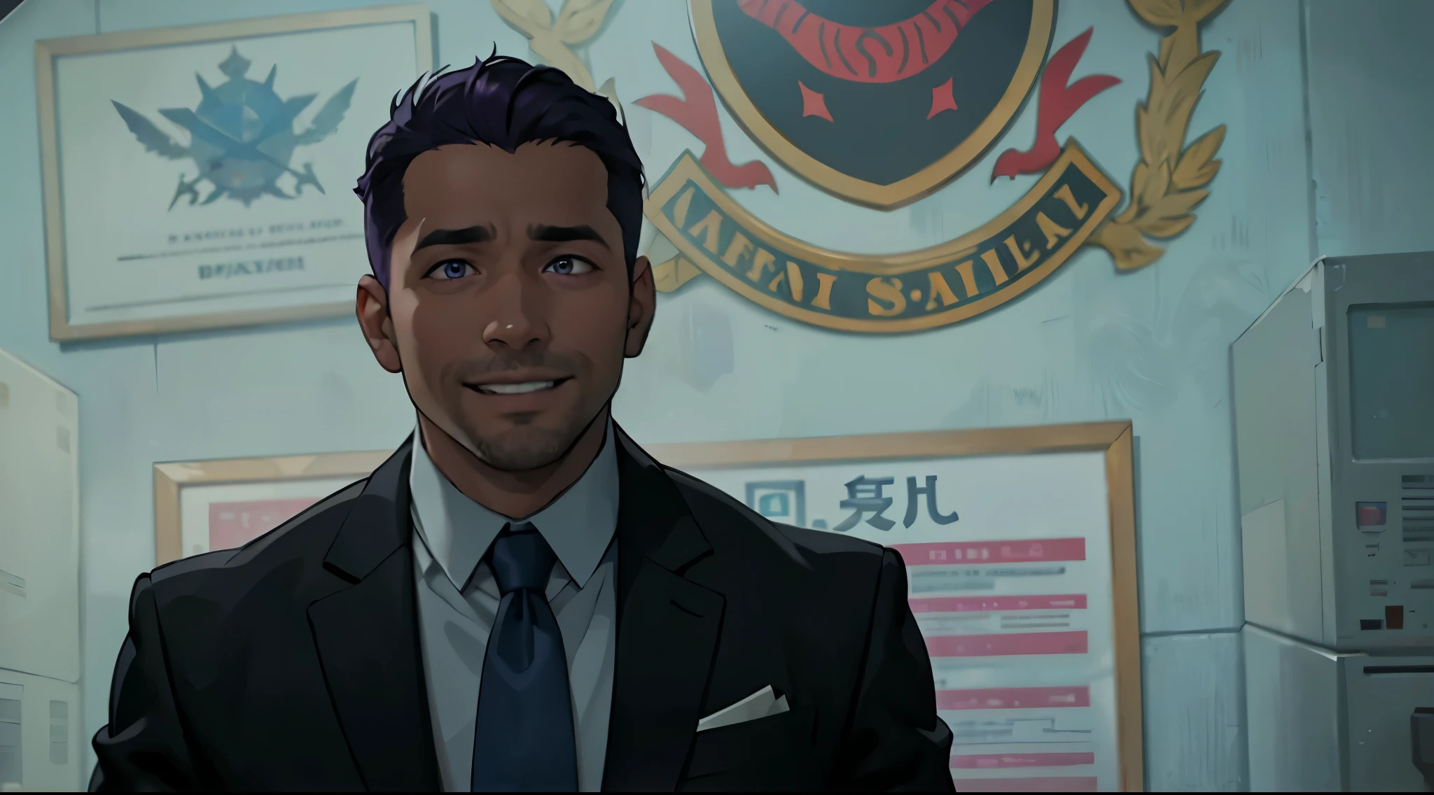 There is a 40-year-old man with purple eyes, purple hair, who speaks and smiles evilly.
