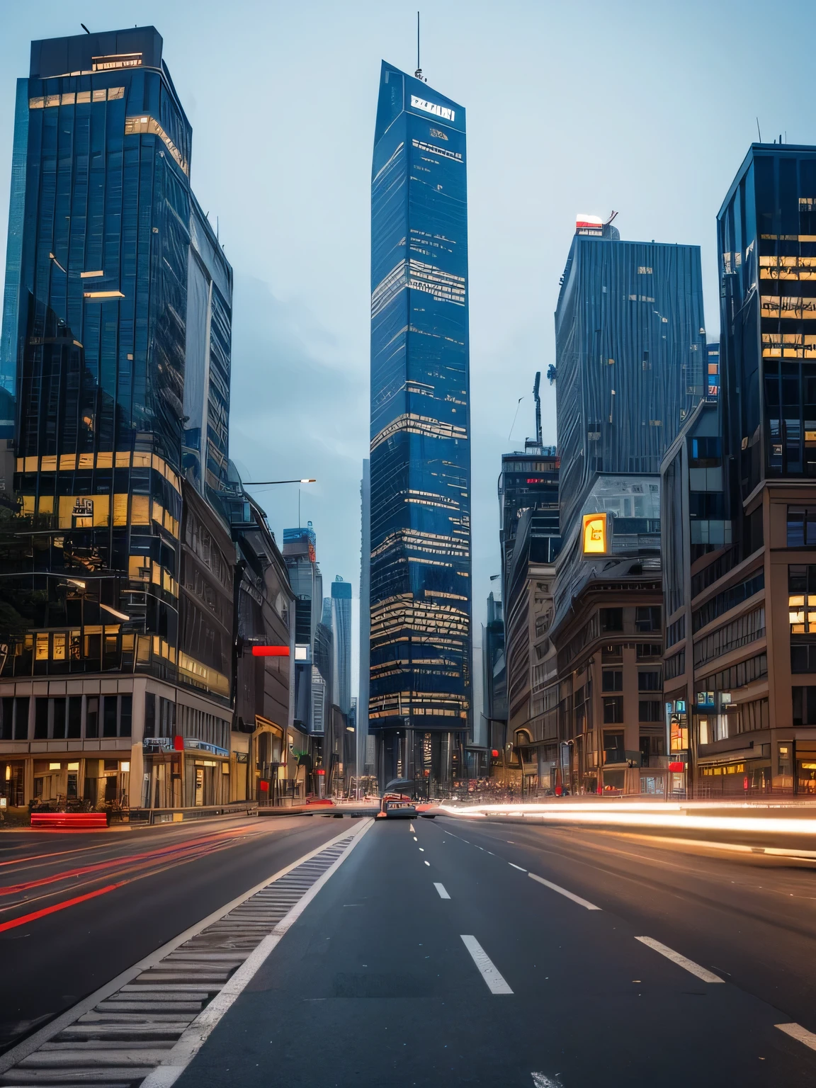 "Zeichne eine Szene, where two majestic skyscrapers flank the sides of a busy city street. The street is photographed, while the skyscrapers are drawn in detail. Let the atmosphere of the city come alive with its vibrant life and urban energy, Godzila