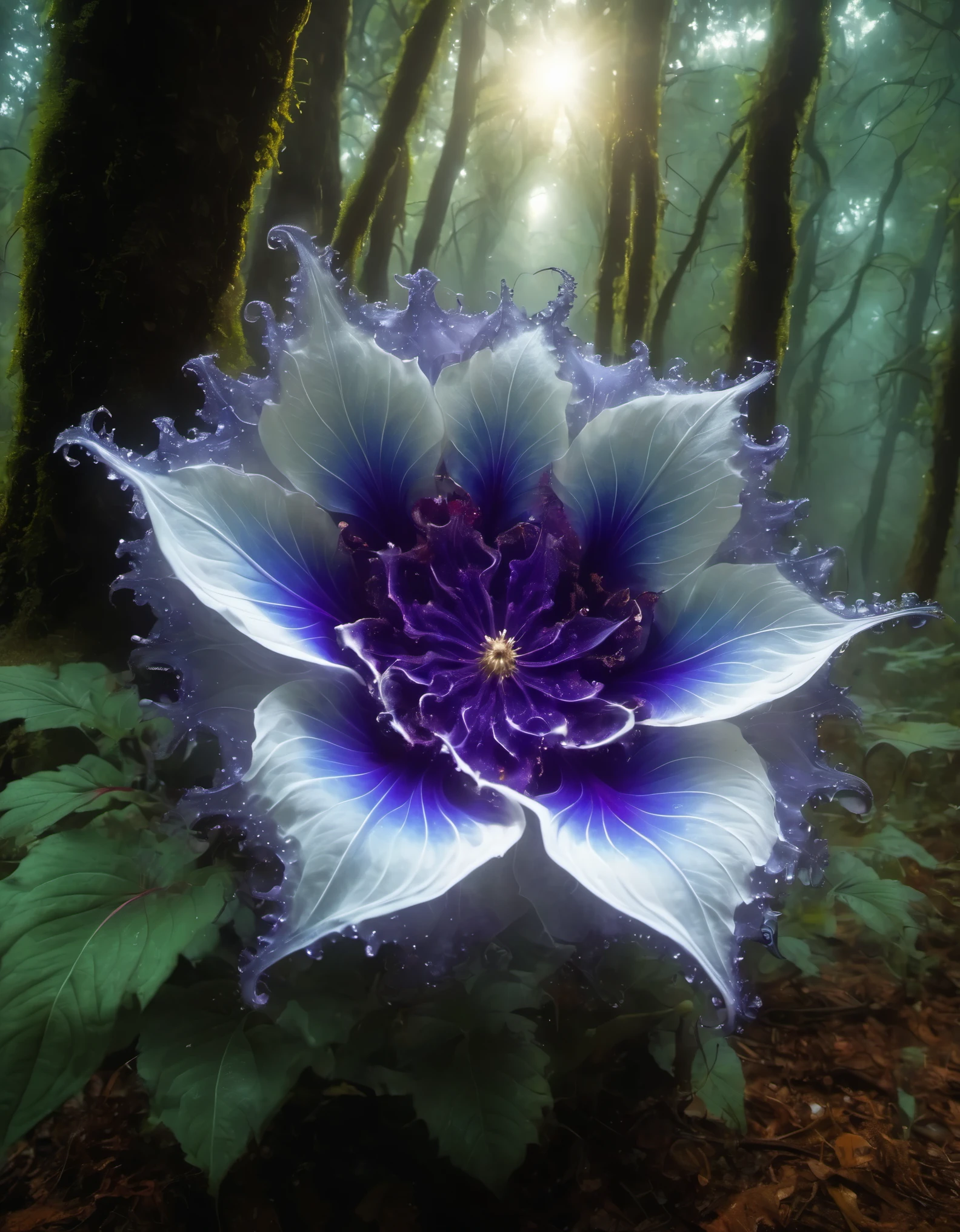 in a forest，ezh，1flower，horrible，blue，Purple，White，Dark，Weird，fractal