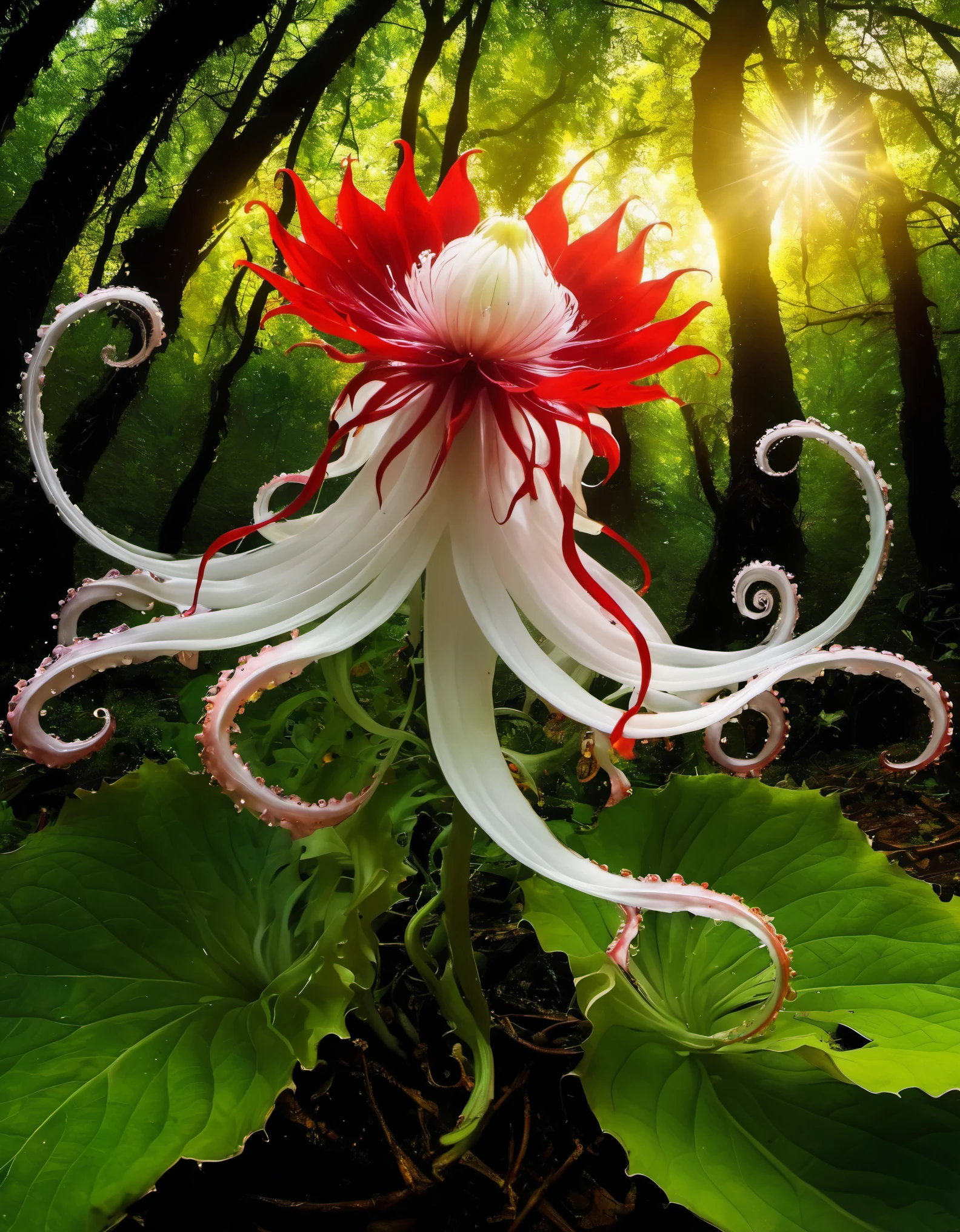 in a forest，ezh，1flower，horrible，Blood，white，Tentacles，Dark，Weird，fractal