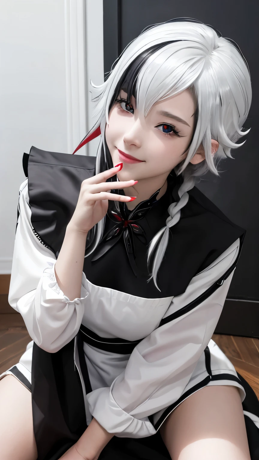 The 18-year-old maid kneeling in front of me,Ambiguous expression,A light smile is cute,White hair,Black Hair,Colorful Hair,short hair,Straight Hair,White hair long braid,Glowing red eyes,Red X pupil(focus),