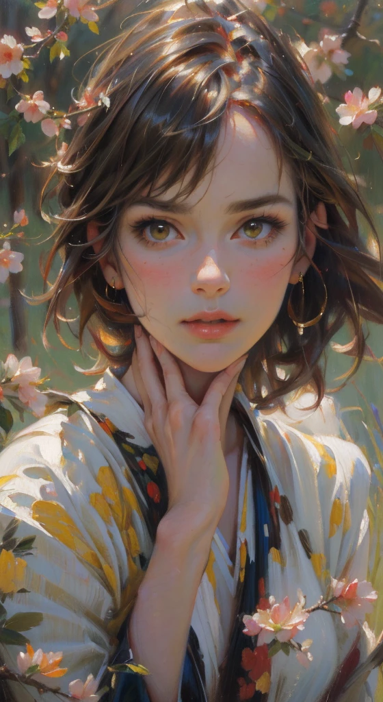 Oil painting, large brushstrokes, (best quality,4k,8k,highres,masterpiece:1.2),ultra-detailed,(realistic,photorealistic,photo-realistic:1.37),illustration, attractive woman, perfect body, feminine, cute and playful pose, vibrant, expressive, inspired by smeglejj, bright colorful brilliant