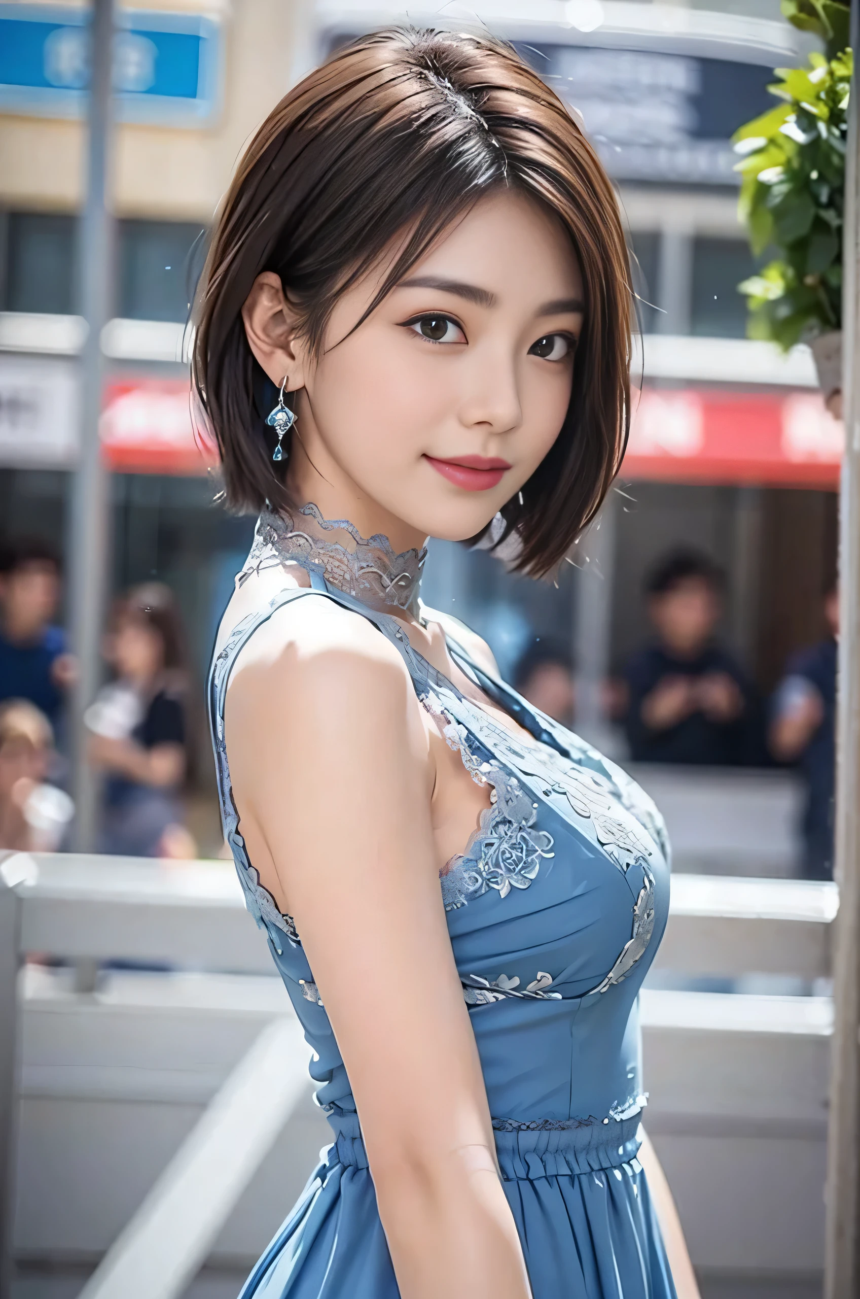 A close up of a woman in a blue dress posing for a picture - SeaArt AI