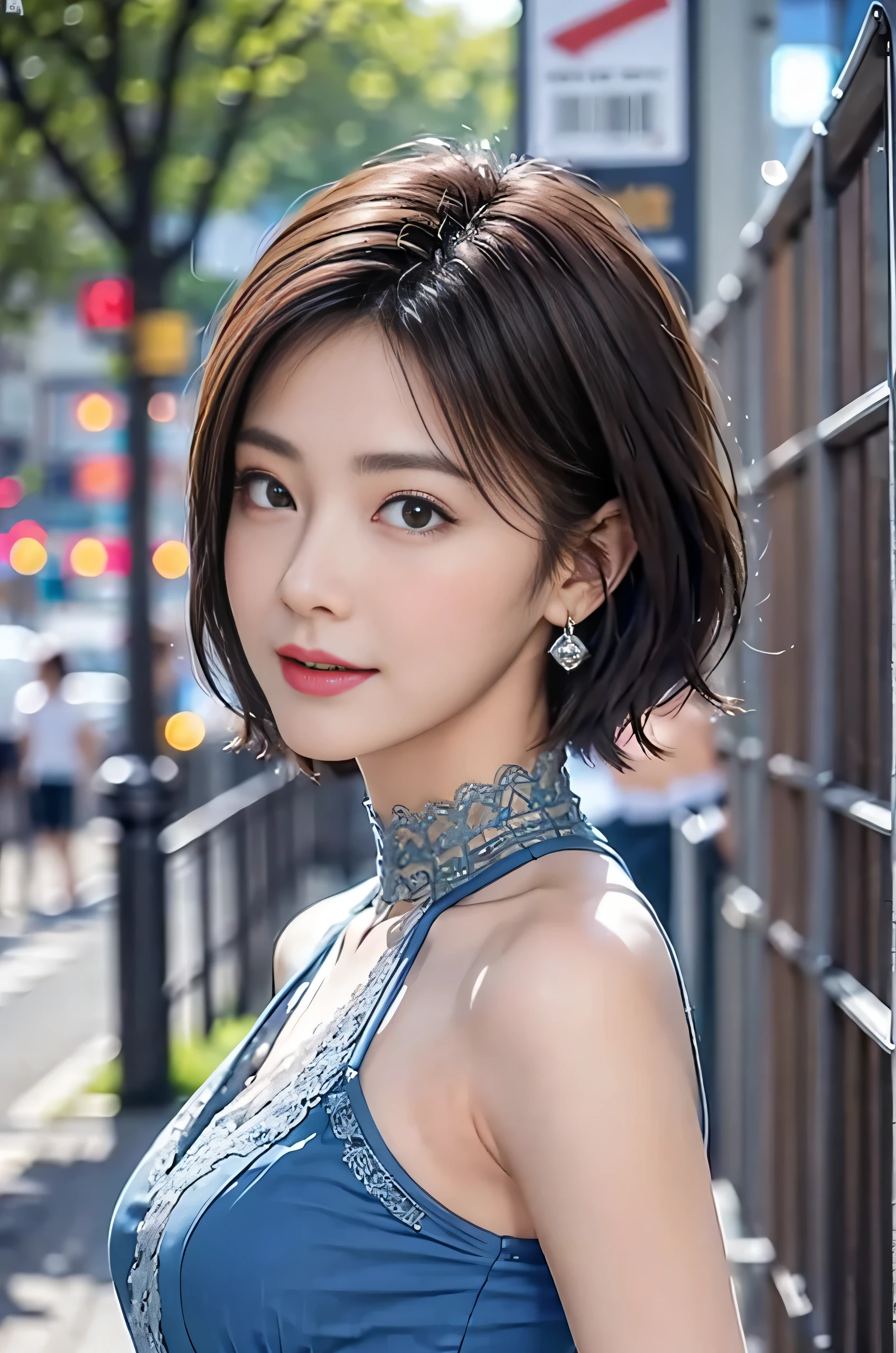 a woman posing on the street corner with light Blue clothes on, highest quality, 1people girl, Large Breasts, Day, bright, Blur the background, Bokeh, Outdoor, (street:0.8), (people々, crowd:1), (lace trim dress:1.5, Sleeveless dress, Light blue clothes, Light blue high neck dress:1.2, Blue clothes: 1.5), nice, (short hair, amount:1.2), Beautifully detailed skies, Earrings, (Dynamic pose:1.2), (Upper Body:0.8), Soft lighting, Wind, Shiny skin, smile,