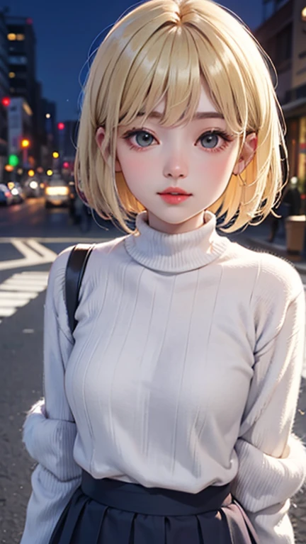 Blushing lightly and smiling, (Top quality masterpiece:1.2) Delicate illustrations, Very detailed, /Beautiful Japanese Woman、1 person,Very cute and slim、Excellent style 、((8K images、super high quality))、Very delicate face, Beautiful forehead、Red lipstick,(((((Fluffy Short Bob、Gradient Hair、Blonde))))),Very cute Japanese cut face、Eyes and nose are clearly visible、Kind eyes,(Tight high neck sweater、Tight Skirt)、City of night、Cold winter