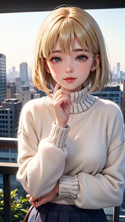 Blushing lightly and smiling, (Top quality masterpiece:1.2) Delicate illustrations, Very detailed, /Beautiful Japanese Woman、1 person,Very cute and slim、Excellent style 、((8K images、super high quality))、Very delicate face, Beautiful forehead、Red lipstick,(((((Fluffy Short Bob、Gradient Hair、Blonde))))),Very cute Japanese cut face、Eyes and nose are clearly visible、Kind eyes,(Tight high neck sweater、Tight Skirt)、City of night、Cold winter