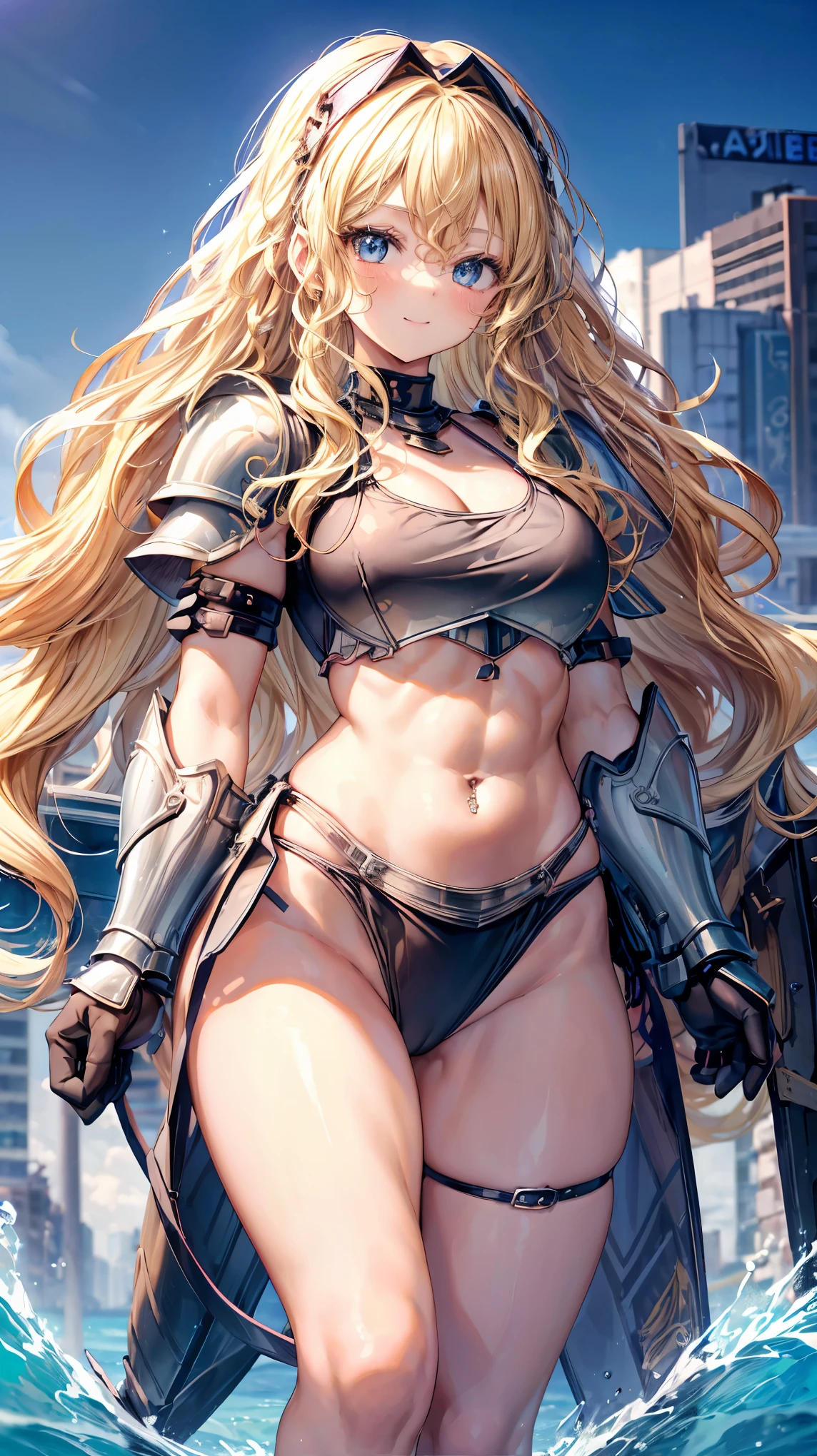 Very detailed、highest quality、Best image quality、masterpiece、8k、Anime Face、A kind smile、Open your mouth、Sparkling blue eyes、(Blonde wavy hair:1.5)、、Muscles of the whole body、Hands on hips、camisole、Thigh belt、mini skirt、(Wearing bikini armor:1.5)、Cowboy Shot