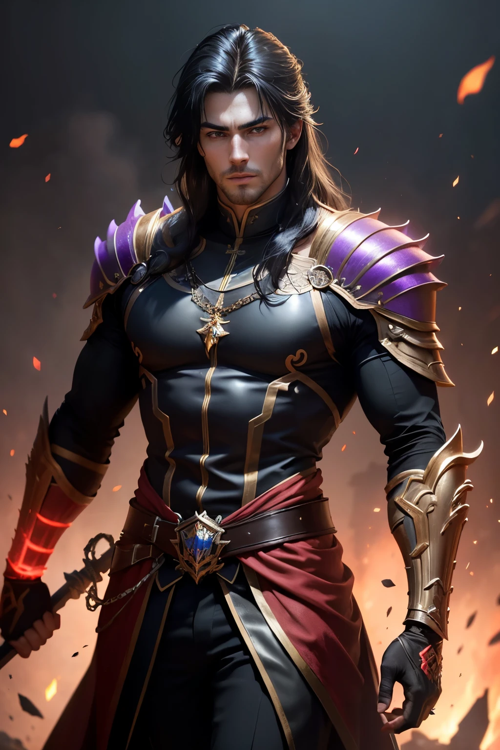 8K,Photorealsitic Raw photography top-quality;1.4) (One adult male) Super handsome without a beard (Lifelike face) long blue-black hair Handsome prince with glowing purple eyes Black and silver aristocratic exterior Black and gold trousers Golden decoration glares Equipped with a sword at the waist Wearing black leather gloves Ruins Gwaitz style realisitic Precise details unrealengine Beautiful expression Details of each part A red fireball glows in the palm(effect) 超A high resolution A hyper-realistic attractive male Foot Armor real looking skin Fantasy Emperor Handsome man without a beard