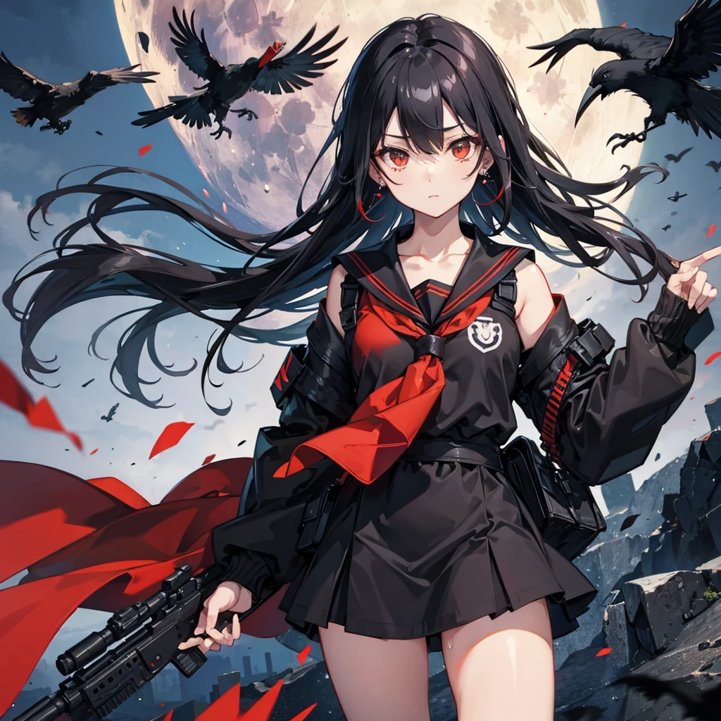 ((Black Hair Long Hair sniper rifle Close one eye),((Crow night Red full moon)),(Rooftop Drop shoulder Sailor suit Shiny earrings ), Spread your legs out to the side Sweat A tense look Rin々Funny face