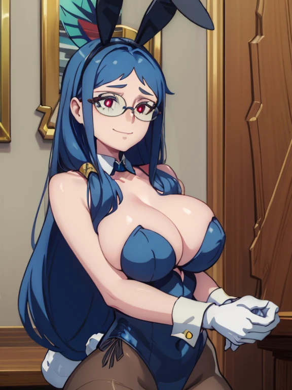 1girl, solo, (masterpiece, best quality:1.4),((best quality)), ((highly detailed)), masterpiece, absurdres, (detailed eyes, deep eyes), from beside, upper body, Ursula Callistis, blue hair, red eyes, white pupils, glasses, smiling, breasts, bunny, rabbit ears, dark blue leotard, detached collar, aqua bow, fishnet pantyhose, wrist cuffs, white gloves, arms down, elbow squeeze, enormous breasts squeezed together