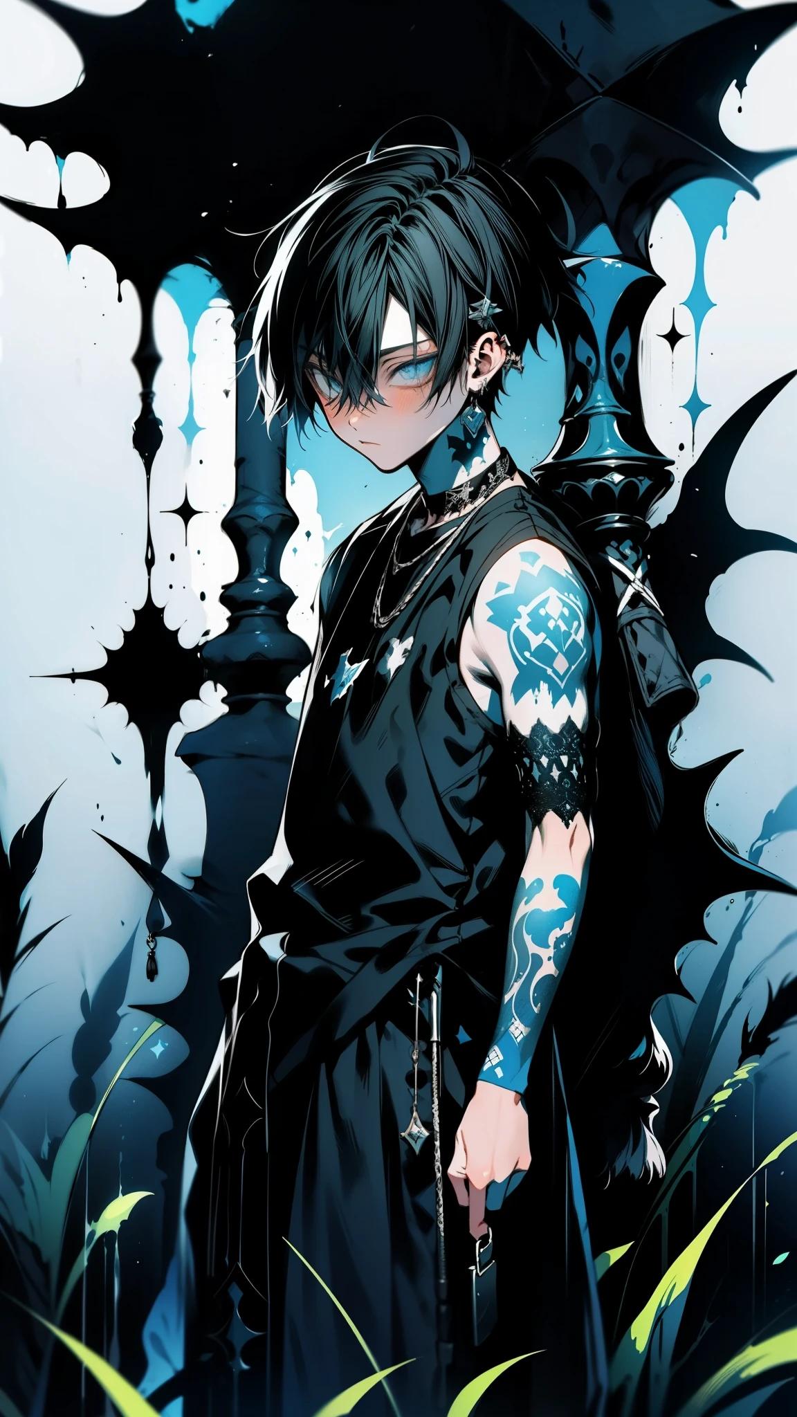 A poignant depiction of a boy adolescent figure sporting a striking face tattoo, banshee outfit, backdrop, misty grass field, by Makoto Shinkai, blue and black clothes, infusing the scene with a sense of melancholic beauty. fantasy world, dark background, clean design, epic, artstation, colorful paint splatter, silhouette, hyper detailed intricate details, unreal engine, fantasy, splash screen, complementary colors, deviantart masterpiece, oil painting, heavy strokes, paint dripping, indifferent expression