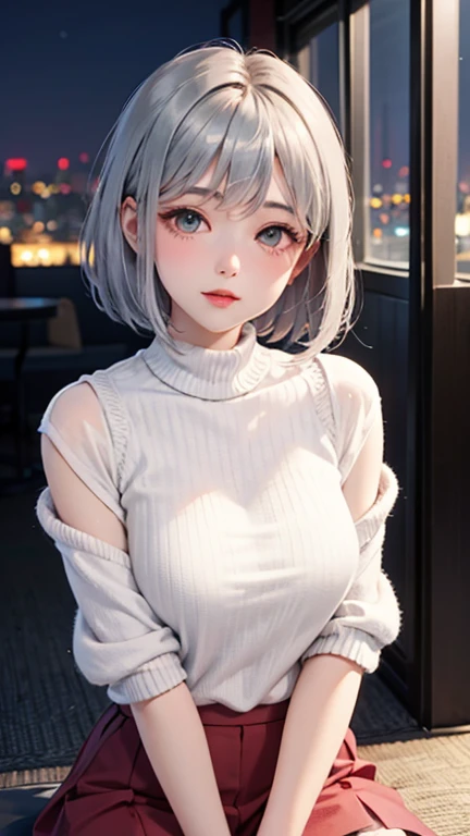 Blushing lightly and smiling, (Top quality masterpiece:1.2) Delicate illustrations, Very detailed, /Beautiful Japanese Woman、1 person,Very cute and slim、Excellent style 、((8K images、super high quality))、Very delicate face, Beautiful forehead、Red lipstick,(((((Fluffy Short Bob、Gradient Hair、Silver Hair))))),Very cute Japanese cut face、Eyes and nose are clearly visible、Kind eyes,(Tight high neck sweater、Tight Skirt)、City of night、Cold winter