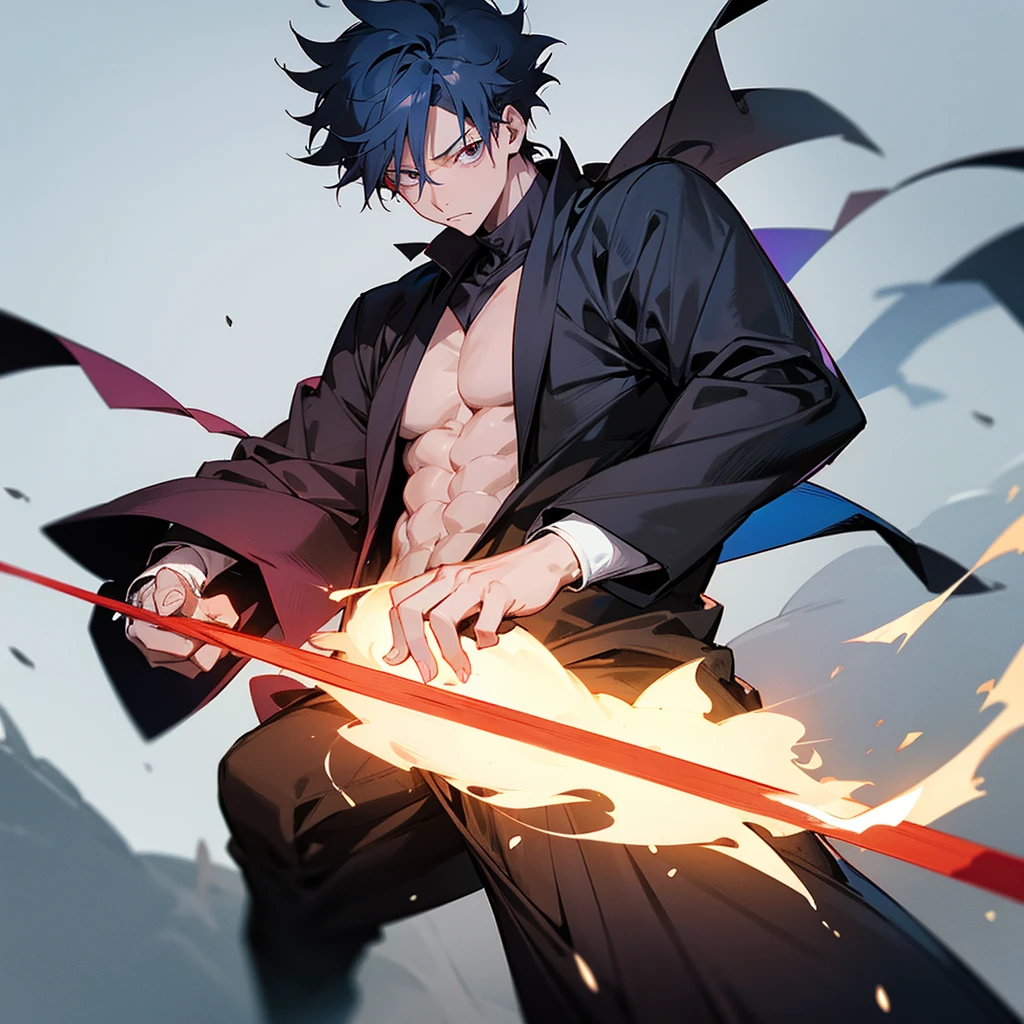 Imagine a student at the Jujutsu Kaisen Spell Technical College, ready to take action against a curse. He's in the middle of an intense battle, in a dark and gloomy urban setting. His name is Yuji Itadori. He is a tall and athletic young man, com cabelos pretos espetados e olhos determinados. Dressed in the , ele exibe uma jaqueta preta com detalhes vermelhos e brancos, symbol of his affiliation as a sorcerer. In your right hand, he wields the cursed finger Sukuna, a powerful object that he uses to face curses. Your posture is agile and aggressive, reflecting your skill and determination in battle. Ao seu redor, we see wreckage of buildings and overturned cars, showing the traces of the fierce battle that is taking place. An aura of mystical energy surrounds Yuji, indicating his mastery over the magical arts. He is ready to fight to the end to protect the innocent and maintain balance between the world of humans and curses..