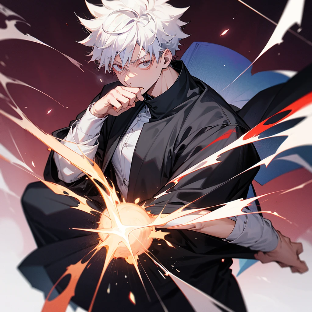Imagine a student at the Jujutsu Kaisen Spell Technical College, ready to take action against a curse. He's in the middle of an intense battle, in a dark and gloomy urban setting. His name is Yuji Itadori. He is a tall and athletic young man, com cabelos pretos espetados e olhos determinados. Dressed in the , ele exibe uma jaqueta preta com detalhes vermelhos e brancos, symbol of his affiliation as a sorcerer. In your right hand, he wields the cursed finger Sukuna, a powerful object that he uses to face curses. Your posture is agile and aggressive, reflecting your skill and determination in battle. Ao seu redor, we see wreckage of buildings and overturned cars, showing the traces of the fierce battle that is taking place. An aura of mystical energy surrounds Yuji, indicating his mastery over the magical arts. He is ready to fight to the end to protect the innocent and maintain balance between the world of humans and curses..