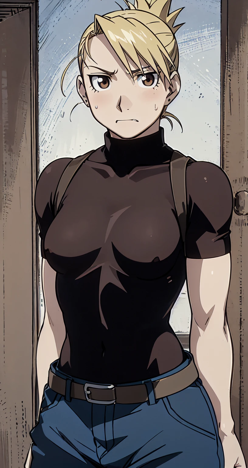 masterpiece, best quality, highres, 1girl, hmriza, ponytail, brown eyes,Big , black shirt, tight shirt, holster, short sleeves, belt, covered navel, blue pants,Inside the room、Upper body close-up、Muscular body、blush、Sweat、Composition from the front、anime、Hide your arms behind your back、(((Torn clothes、No bra、Embarrassed face)))