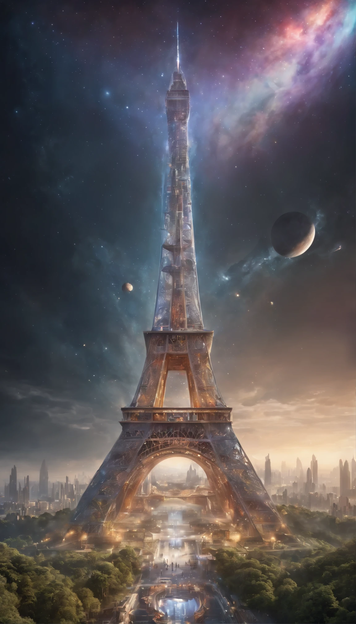 The ultimate sci-fi fantasy tower at the center of the universe、A breathtaking view unfolds。The towering, intricately designed structure shines in the colors of the rainbow、It spreads into the infinite universe。3D facets cover all surfaces、Each line and angle is perfectly defined.、Create ultra-realistic and detailed masterpieces。At the center of this magnificent universe、There is a majestic structure with wings。Its metallic luster、Reflecting the airy light particles swirling in the atmosphere、It flows down its surface in fascinating patterns.。The complex design of the structure、It demonstrates the ultimate fusion of technological capabilities.