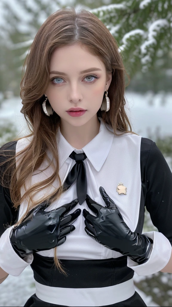 1 miniature Beautiful beautiful woman - Yuan Sayuki, ((top quality, 8K, Masterpiece:1.retty woman, 1 woman, huge breasts:1.3, a slim body:1.1, lush GINGER short hair, (shower, wet body, wet clothes:1.1), very detailed face, detailed lips, detailed eyes, double eyelids, Detailed blue eyes, чрезвычайно Detailed Outstanding Blue Eyes, short GINGER wet hair, GINGER wet hair, Detailed Outstanding Blue Eyes, innocent look at the viewer, very wet wavy white hair, Detailed Outstanding Blue Eyes, huge cross earrings, Outdoors, badges behind, gothic maid uniform,  sexy maid dress, bare chest, huge chest tattoo, detailed huge catholic cross earrings, chest tattoo, Outside, wear a silver cross (Detailed cross shape), reality mode, wet breasts, black necklace, human crowd behind, black latex gloves, hair of white snowy colour, night time, red neon lights, demonic nun, nimbus (golden lighting ring above her head), angel, snowy weather, sexy pose, white lingerie, black maid dress, detailed flower wreath made of different colours, open chest