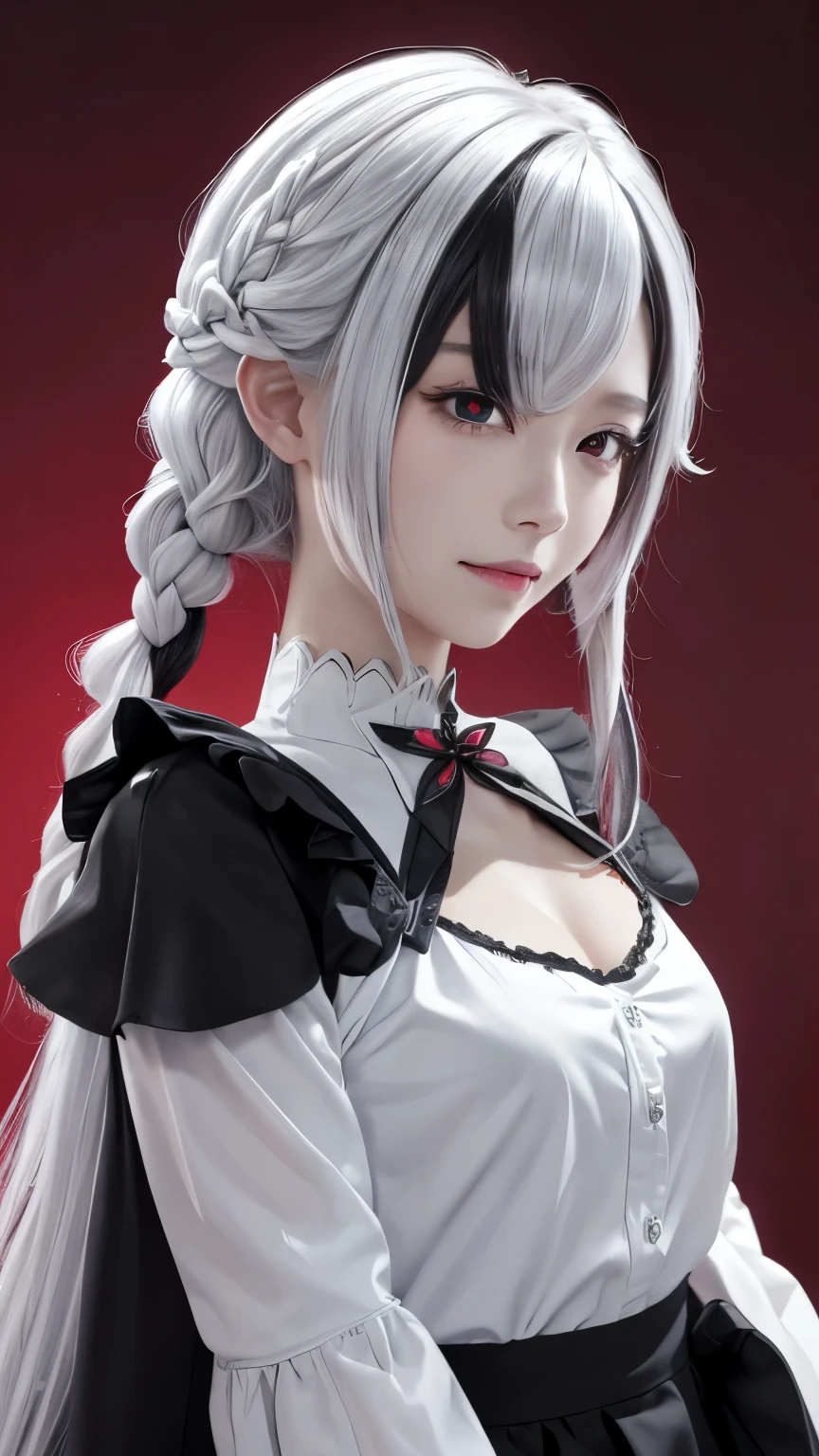 Masterpiece、Top quality、8K、（Reality：1.4）、Ultra-detailed、high resolution、Fine details、solo、Upper Body、（Real skin：1.2）、beautiful girl、、Perfect body、Mid-chest、Cleavage、Extremely detailed eye and face、White hair，Black Hair，Colorful Hair，short hair，Straight Hair，White hair long braid，Glowing red eyes，Red X pupil（focus），High-quality realistic finger reproduction：1.3、Smile：1.3、（Pink Long Sleeve Ruffle Top、A black ribbon）、（black ruffles）skirt）、White wall background