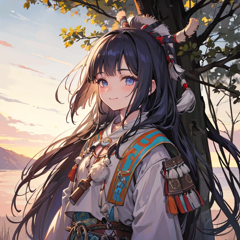 (grainy:0.5), cinematic, girl,native american,fantasy,(solo:1.3), detailed eyes, detailed face, detailed  native american clothing , volumetric lighting, dusk, extremely detailed background, standing next to tree, smiling, half closed eyes, tilted head, from side