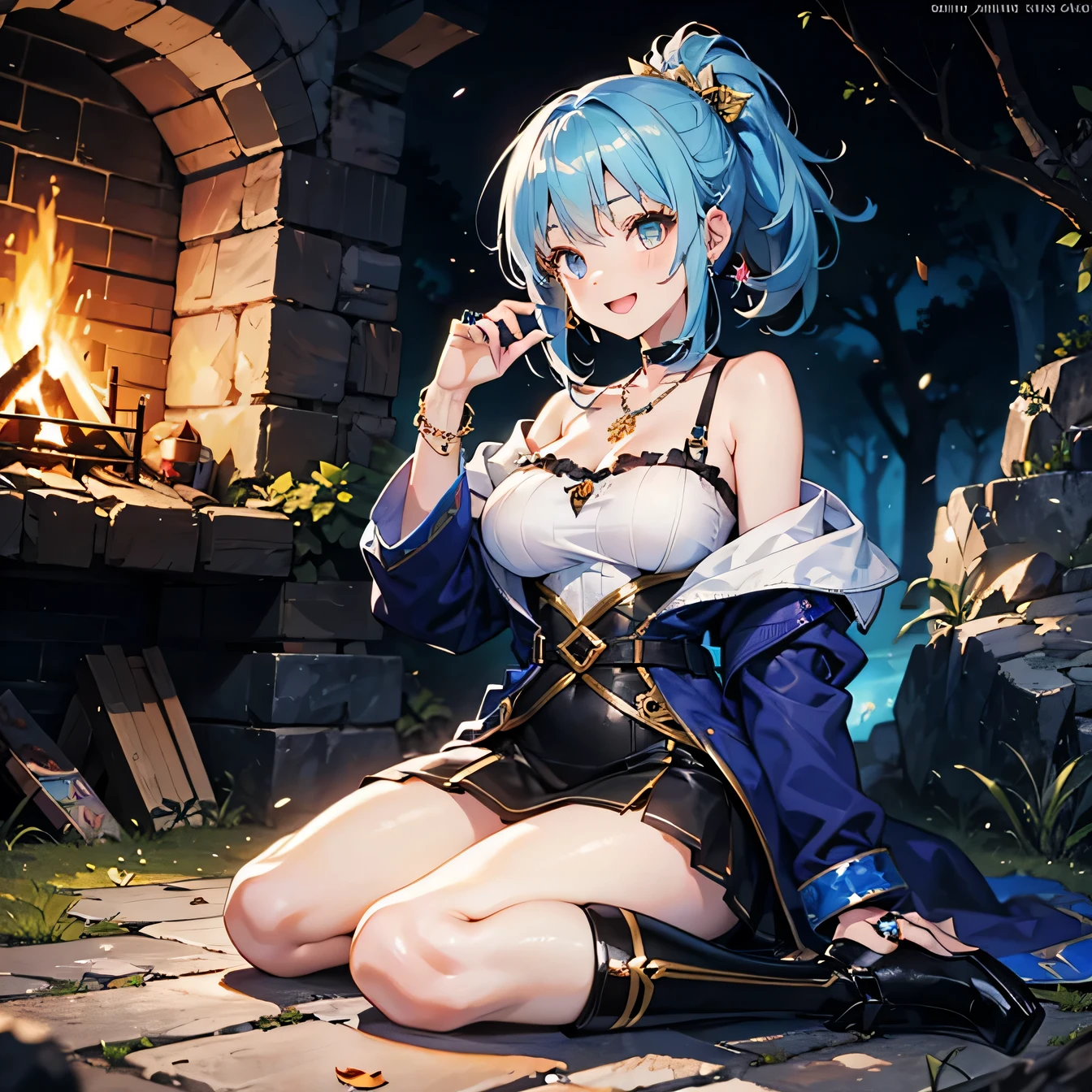 Anime Moe Art Style,highest quality,High resolution,Anatomically correct,One Girl,Mid-teens,A girl with light blue hair in a ponytail,Super detailed,Fantasy-inspired costumes,off shoulder tops,mini skirt,short boots,Big Breasts,Laughing with your mouth open,Bright smile,A rich expression,Sitting directly on the ground,Sitting with knees hugged,Having a bonfire,A sheathed dagger lies on the ground nearby.,Inside the cave,Eyes drawn in detail,hair ornaments,necklace,bracelet,ring,8K