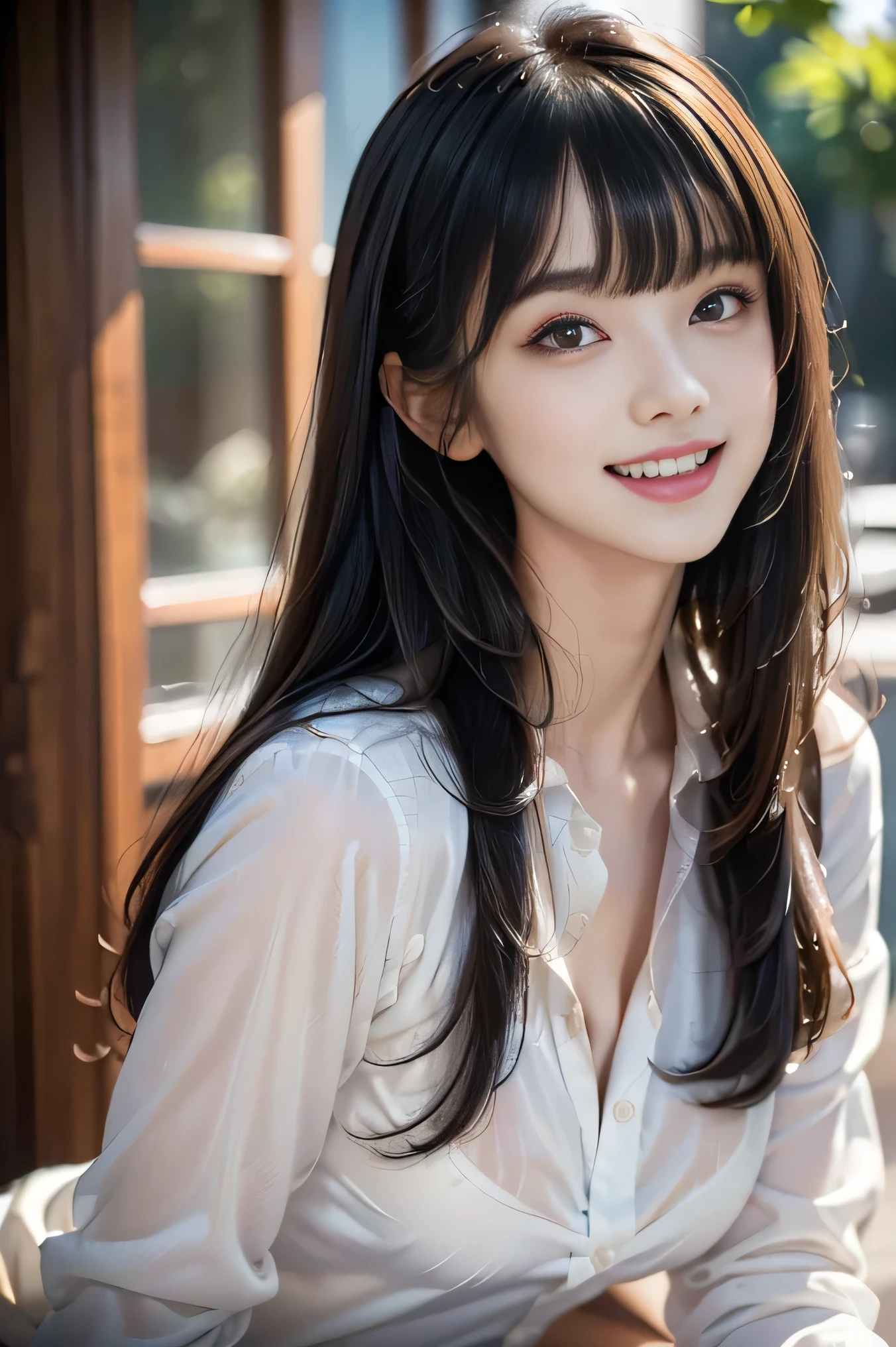 8k、highest quality、masterpiece、超A high resolution、picture、The elegance of beautiful Japanese women、Single-lens reflex camera、There are good ones、A transparent atmosphere、sexy lip、slanted bangs、beautiful face、long hair、make bangs、smile、natural soft light、One 17 year old high school girl in uniform、country road、riding a bicycle