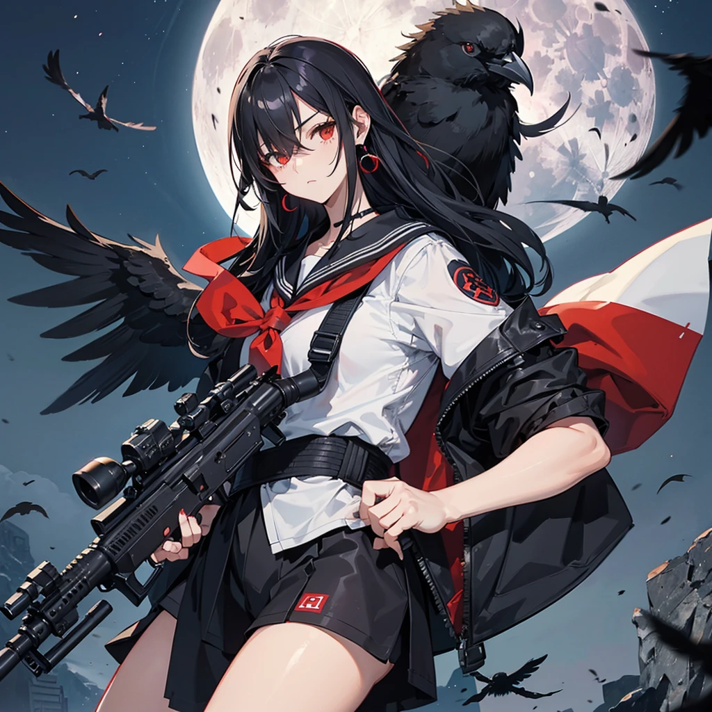 ((Black Hair　Long Hair　sniper rifle　Close one eye)，((Crow　night　Red full moon))，(Rooftop　Drop shoulder　Sailor suit　Shiny earrings　)，　Spread your legs out to the side　Sweat　A tense look　Rin々Funny face