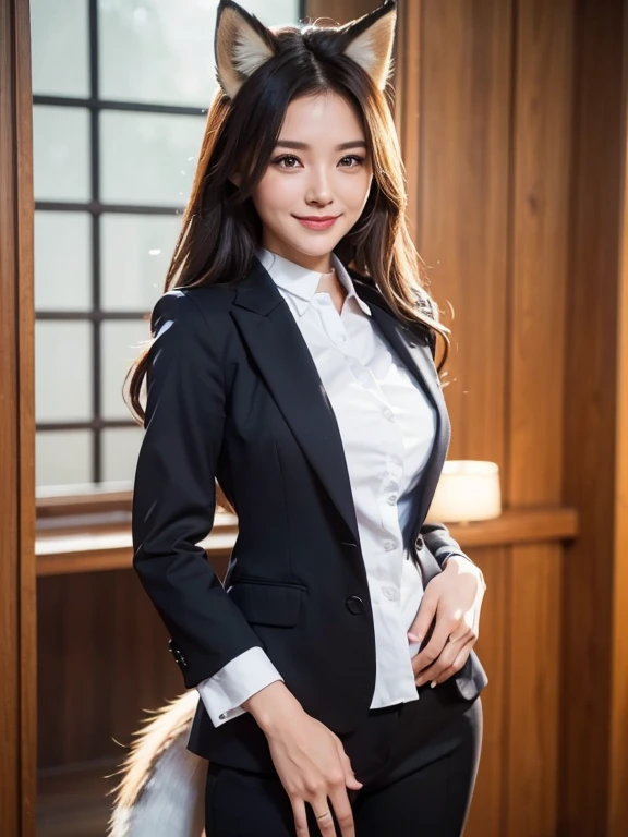 ((highest quality, 32k)), ((masterpiece)), (Get used to it), Perfect Face, Fox Girl, Beautiful woman, public, There is a tail, she has a fox tail, She wags her fluffy tail, smile, collar, She wears a business suit, Beautiful hip line, A tail sticking out from a business suit